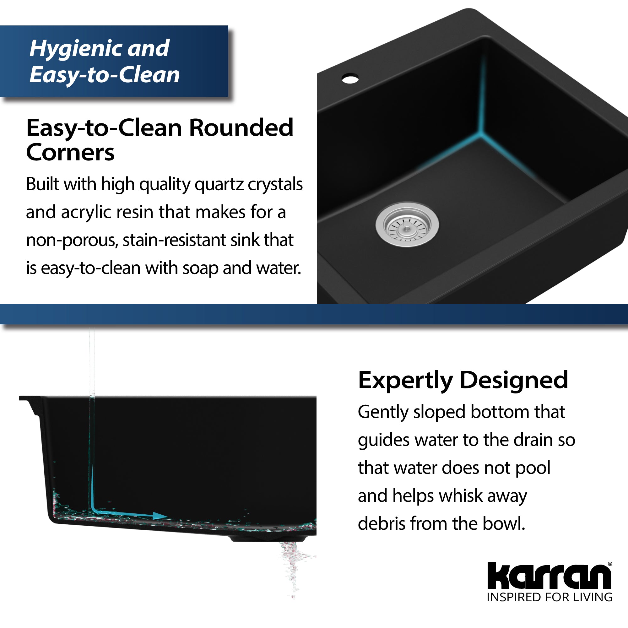Alternate Image for Karran 25" Drop In/Topmount Quartz Composite Kitchen Sink, Black, QT-820-BL