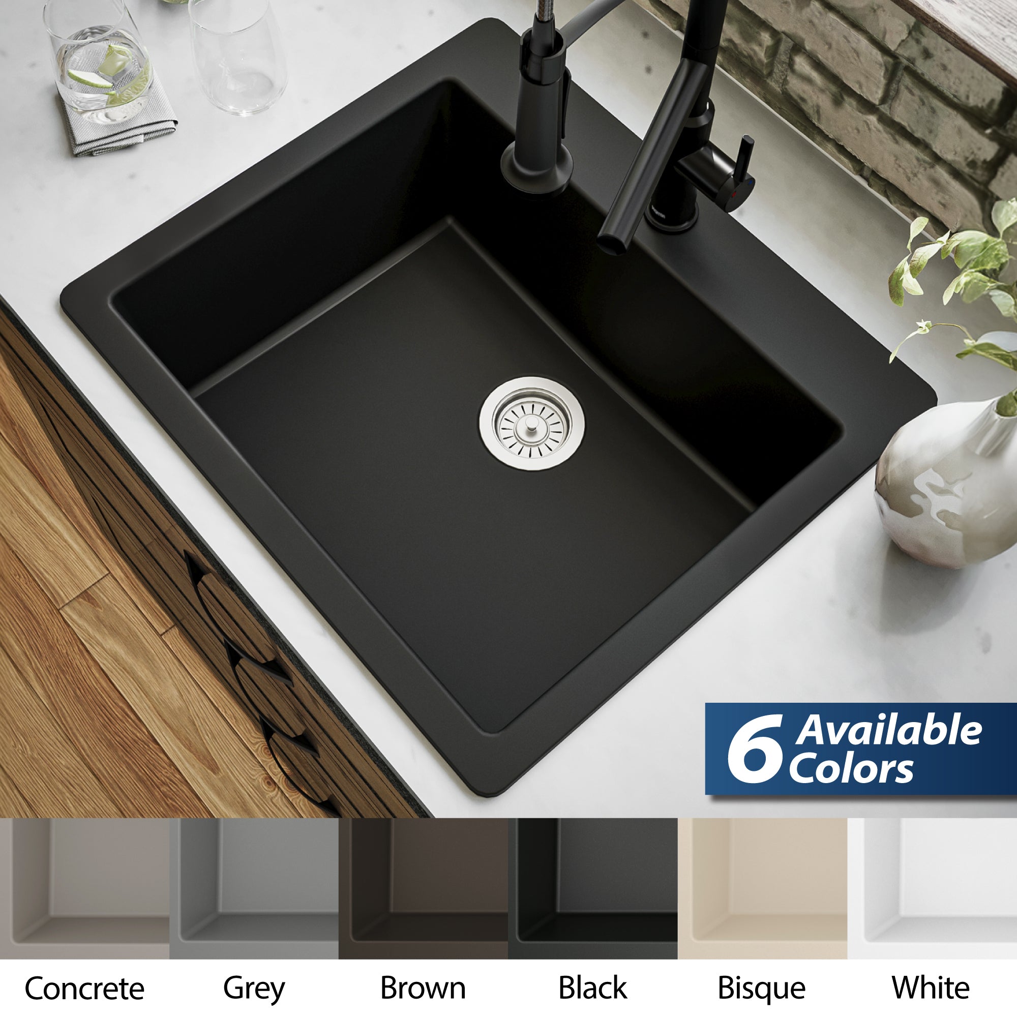 Alternate Image for Karran 25" Drop In/Topmount Quartz Composite Kitchen Sink, Black, QT-820-BL