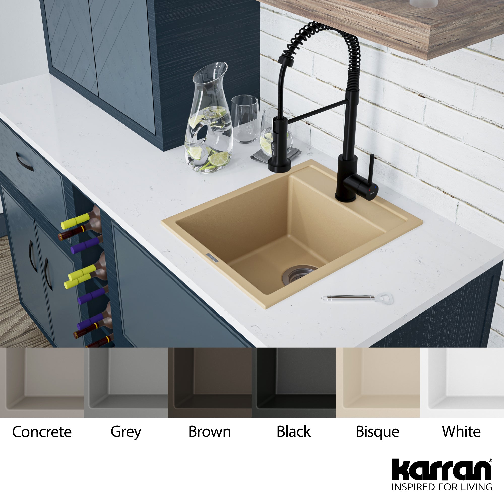 Alternate Image for Karran 16" Drop In/Topmount Quartz Composite Kitchen Sink, Bisque, QT-825-BI