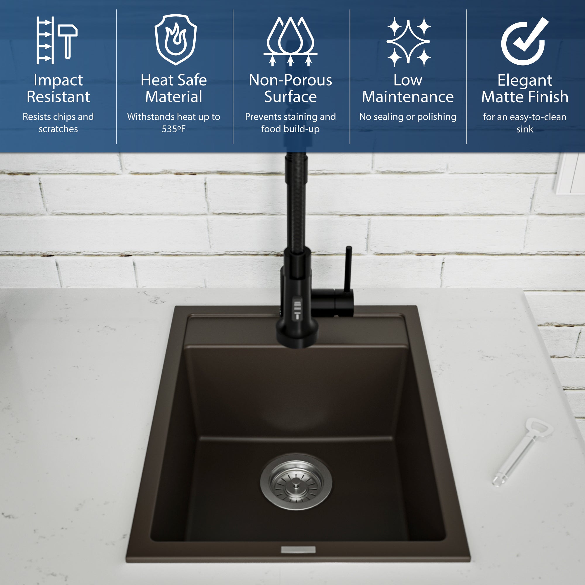 Karran 16" Drop In/Topmount Quartz Composite Kitchen Sink, Brown, QT-825-BR