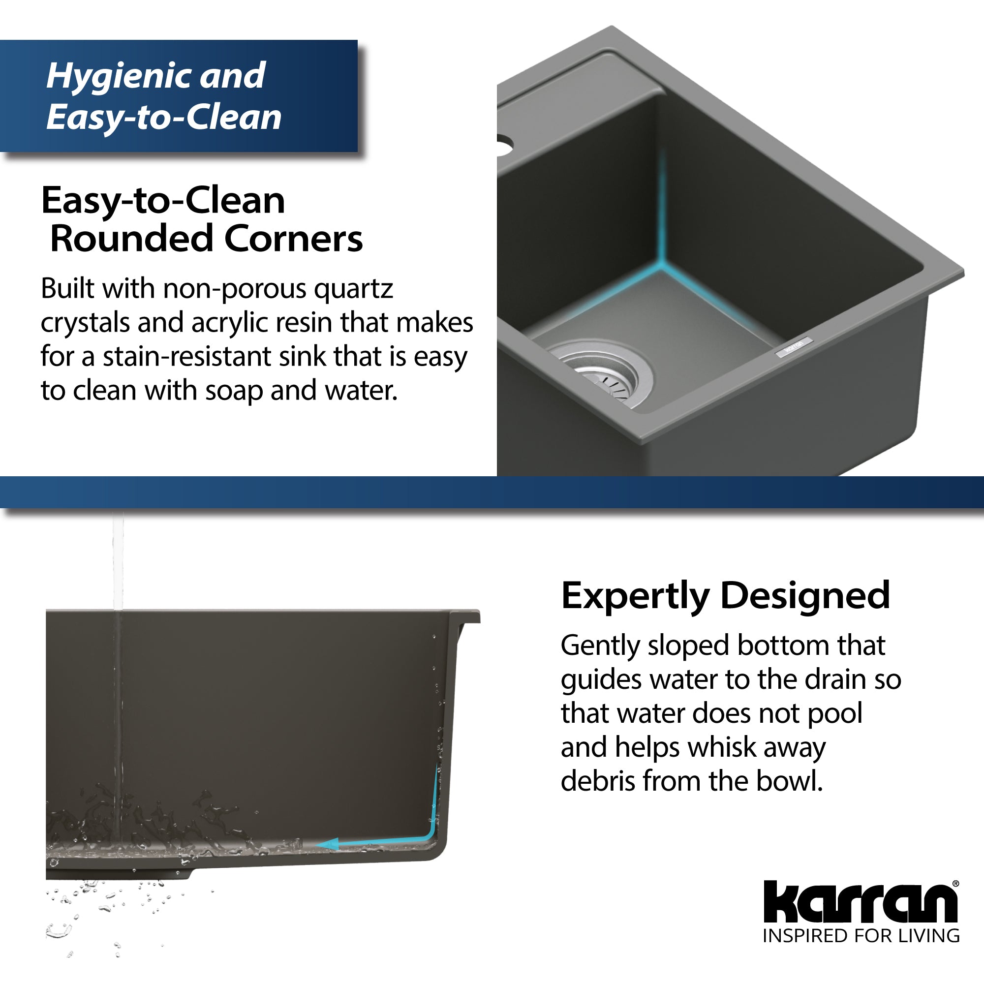 Alternate Image for Karran 16" Drop In/Topmount Quartz Composite Kitchen Sink, Grey, QT-825-GR
