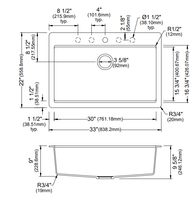 Karran 33" Drop In/Topmount Quartz Composite Workstation Kitchen Sink with Accessories, Black, QTWS-875-BL