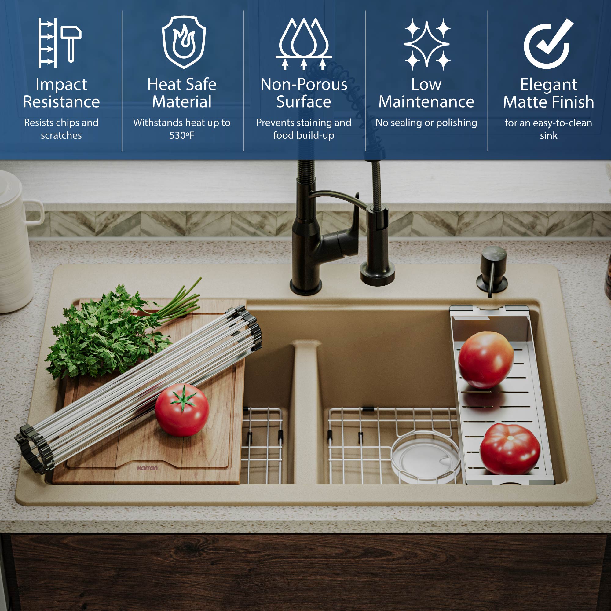 Alternate Image for Karran 33" Drop In/Topmount Quartz Composite Kitchen Sink, 50/50 Double Bowl, Bisque, QTWS-880-BI