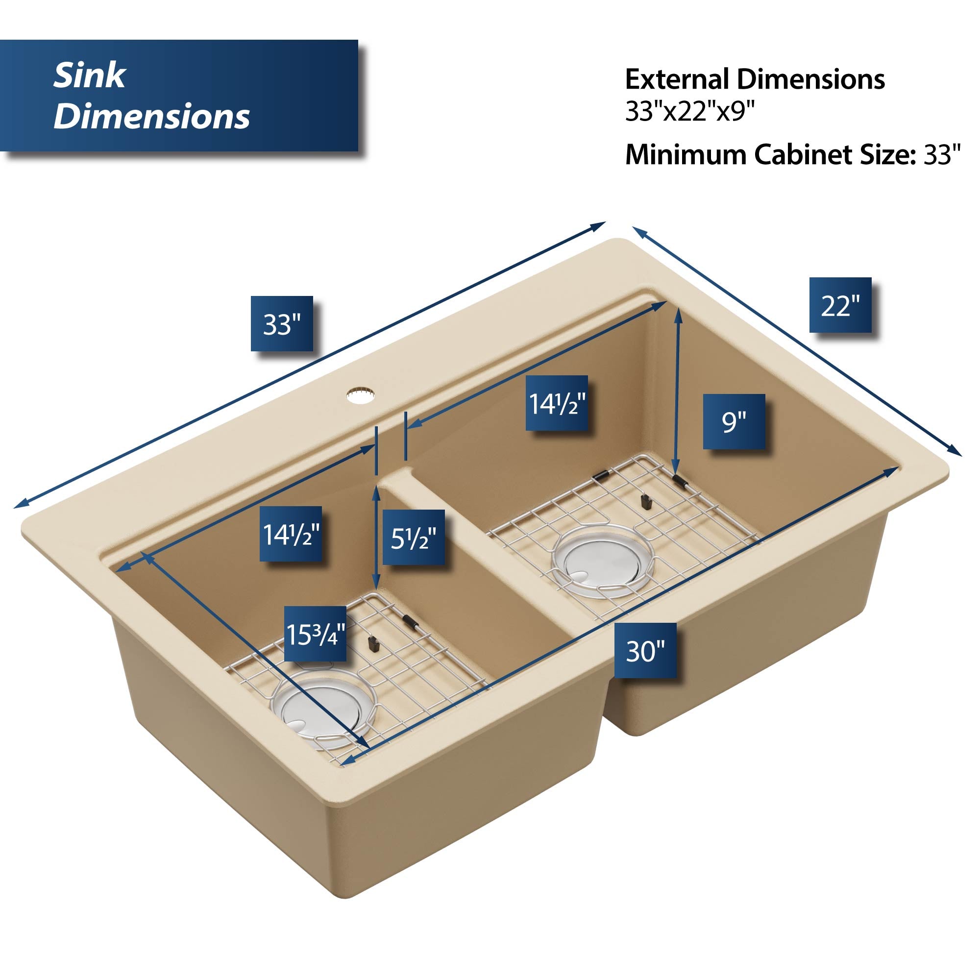 Alternate Image for Karran 33" Drop In/Topmount Quartz Composite Kitchen Sink, 50/50 Double Bowl, Bisque, QTWS-880-BI