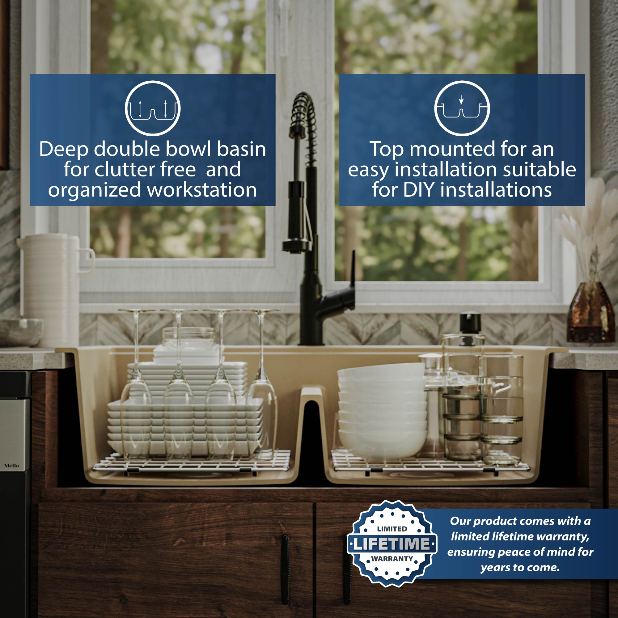 Alternate Image for Karran 33" Drop In/Topmount Quartz Composite Kitchen Sink, 50/50 Double Bowl, Bisque, QTWS-880-BI