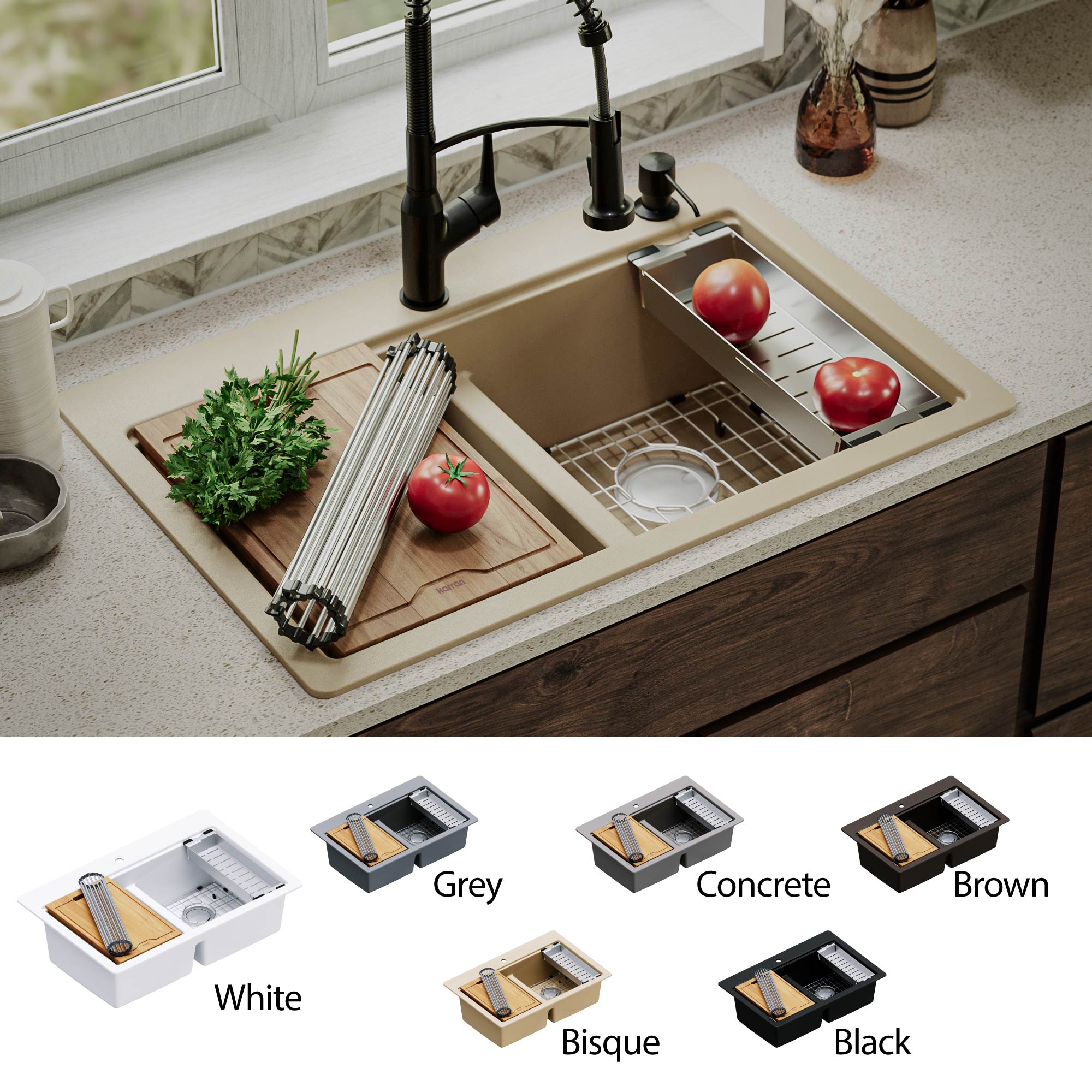 Alternate Image for Karran 33" Drop In/Topmount Quartz Composite Kitchen Sink, 50/50 Double Bowl, Bisque, QTWS-880-BI