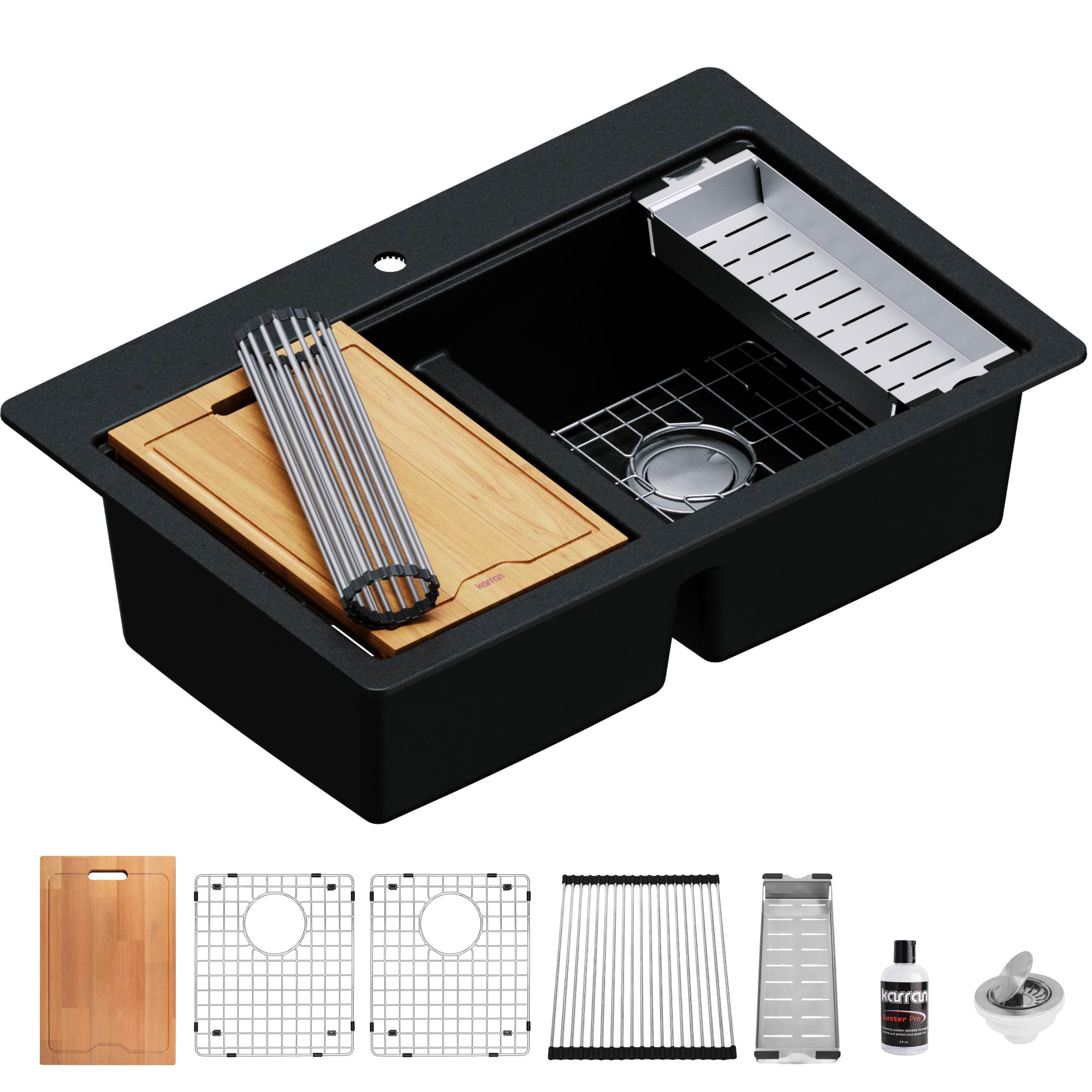 Karran 33" Drop In/Topmount Quartz Composite Kitchen Sink, 50/50 Double Bowl, Black, QTWS-880-BL