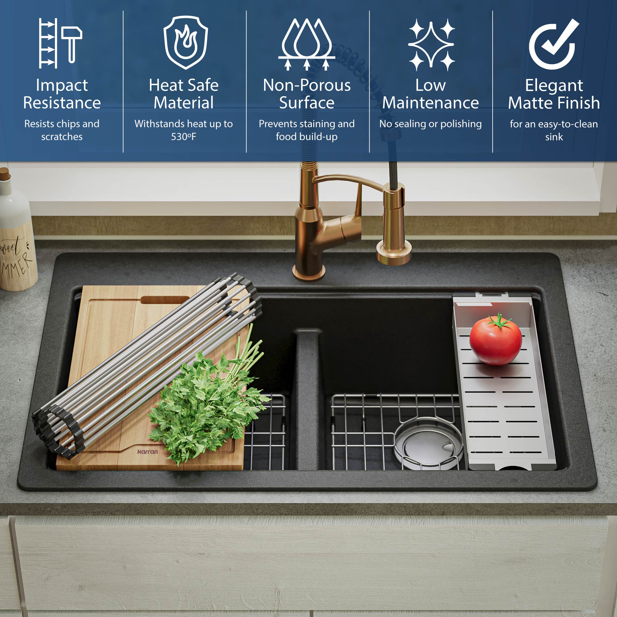 Alternate Image for Karran 33" Drop In/Topmount Quartz Composite Kitchen Sink, 50/50 Double Bowl, Black, QTWS-880-BL