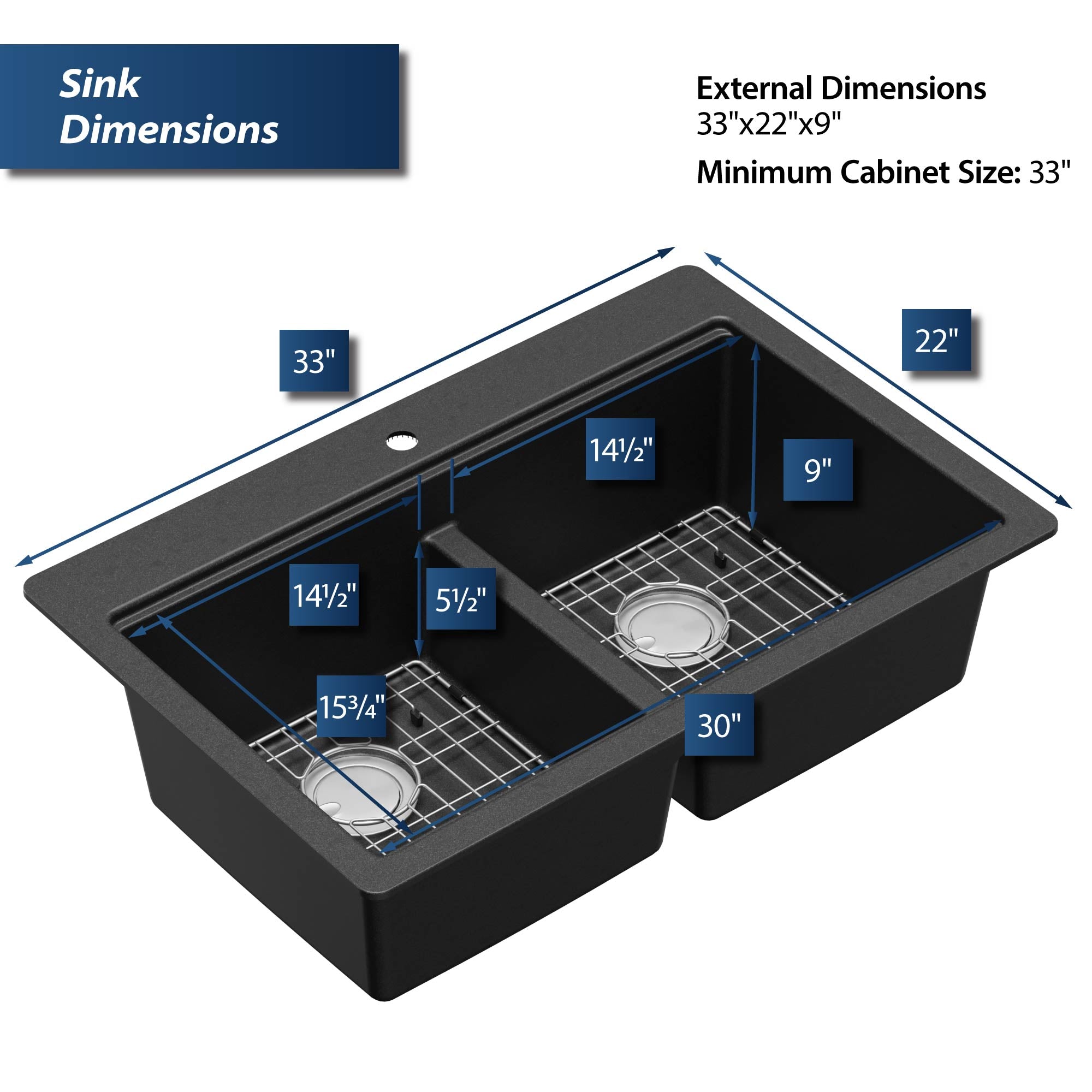 Alternate Image for Karran 33" Drop In/Topmount Quartz Composite Kitchen Sink, 50/50 Double Bowl, Black, QTWS-880-BL