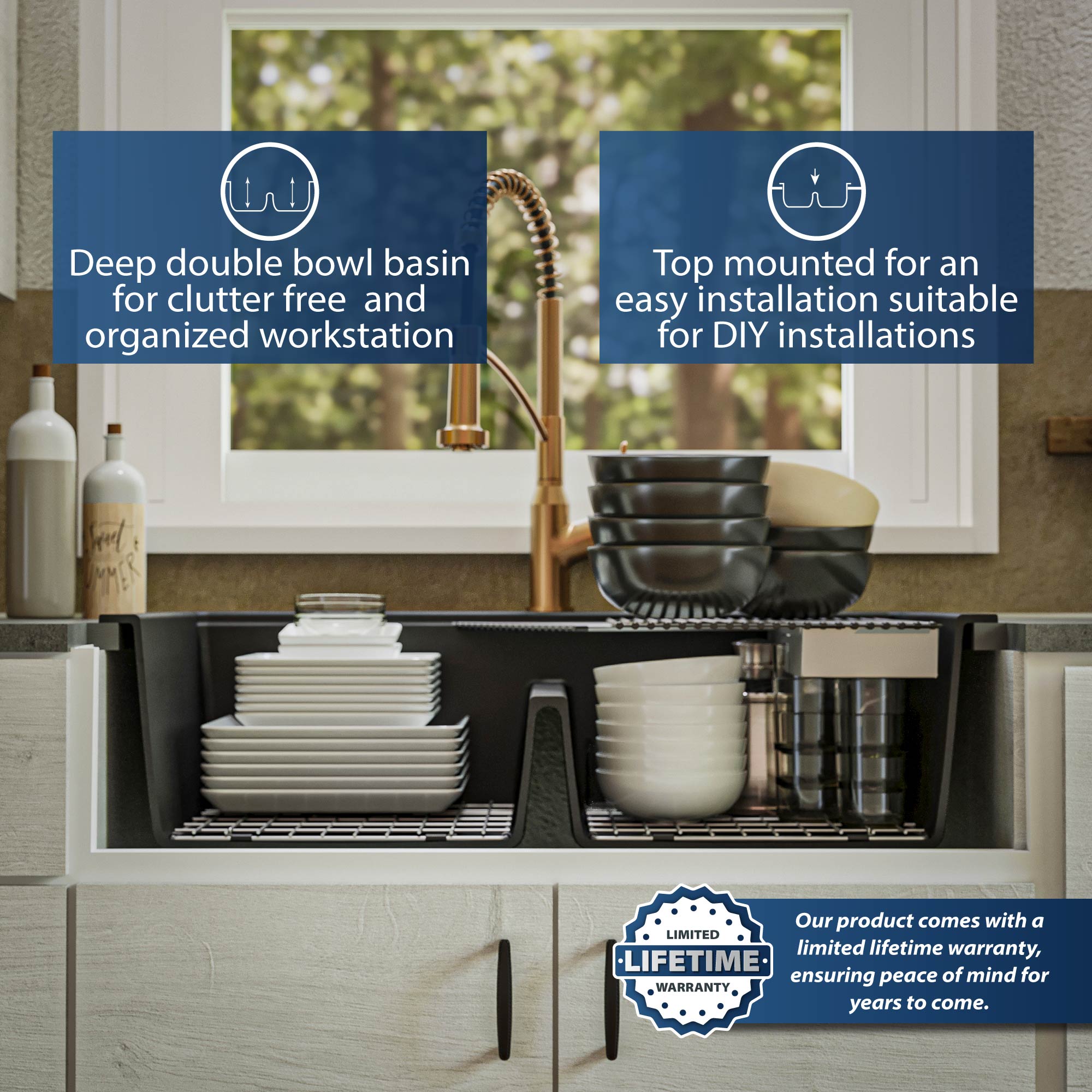 Alternate Image for Karran 33" Drop In/Topmount Quartz Composite Kitchen Sink, 50/50 Double Bowl, Black, QTWS-880-BL