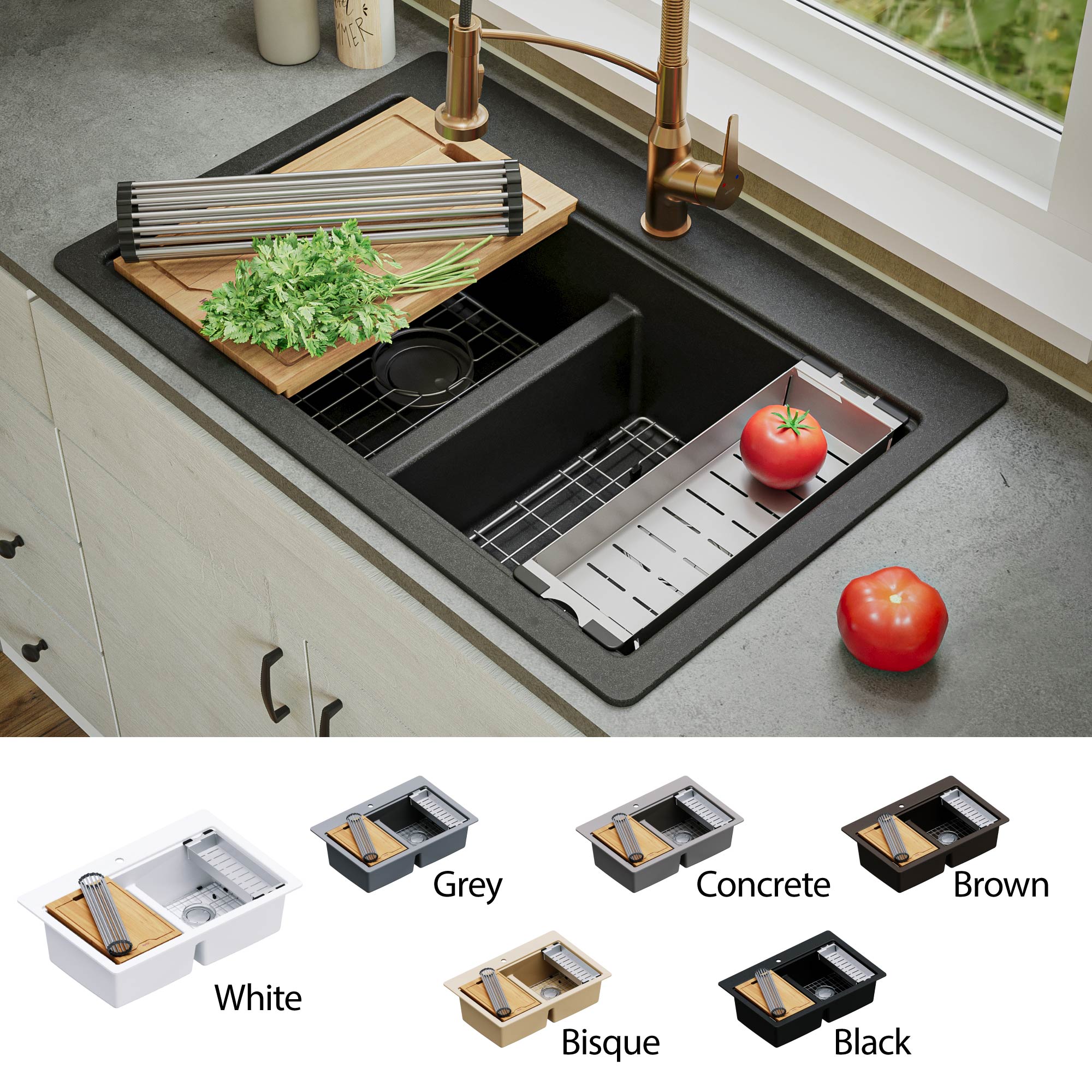 Alternate Image for Karran 33" Drop In/Topmount Quartz Composite Kitchen Sink, 50/50 Double Bowl, Black, QTWS-880-BL