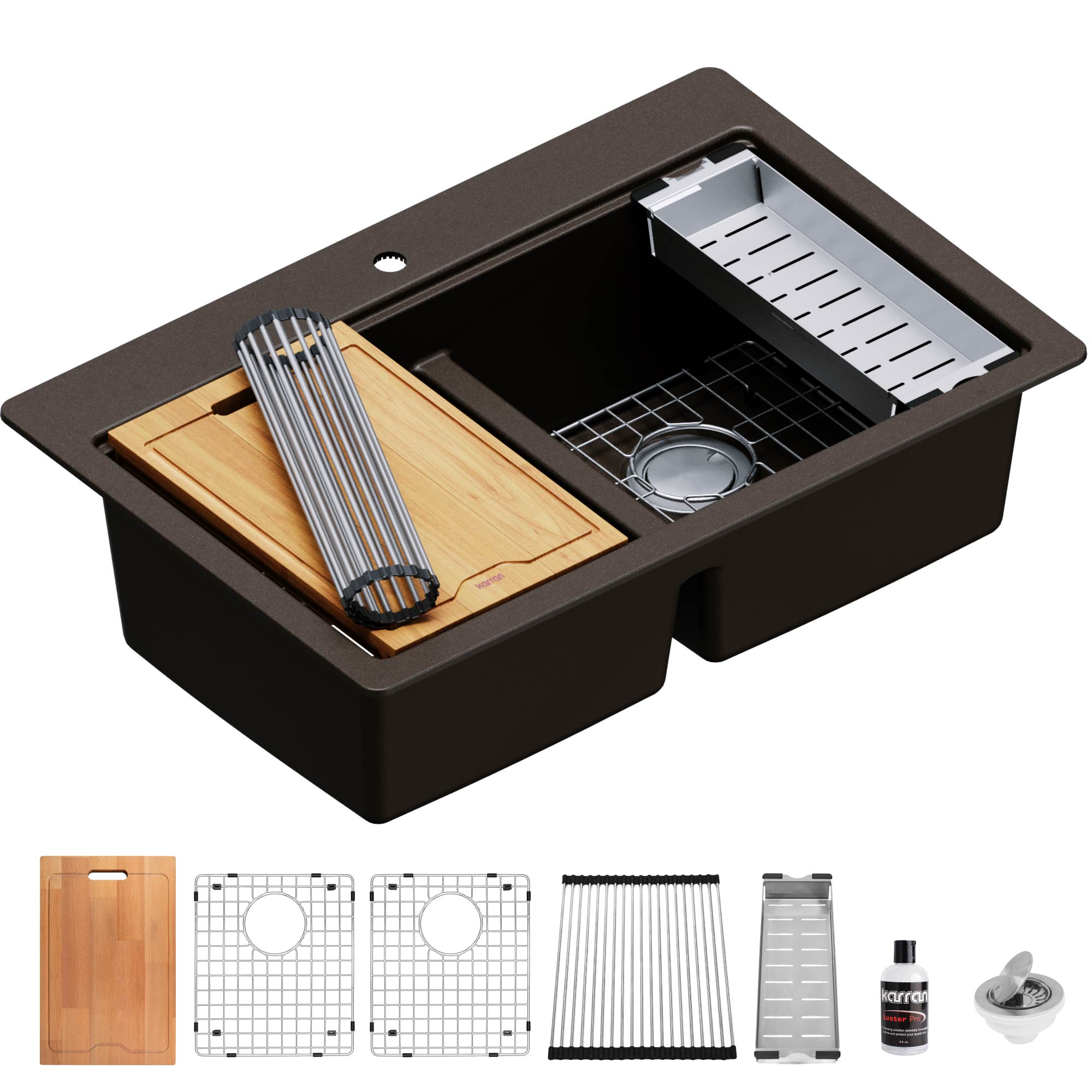 Karran 33" Drop In/Topmount Quartz Composite Kitchen Sink, 50/50 Double Bowl, Brown, QTWS-880-BR