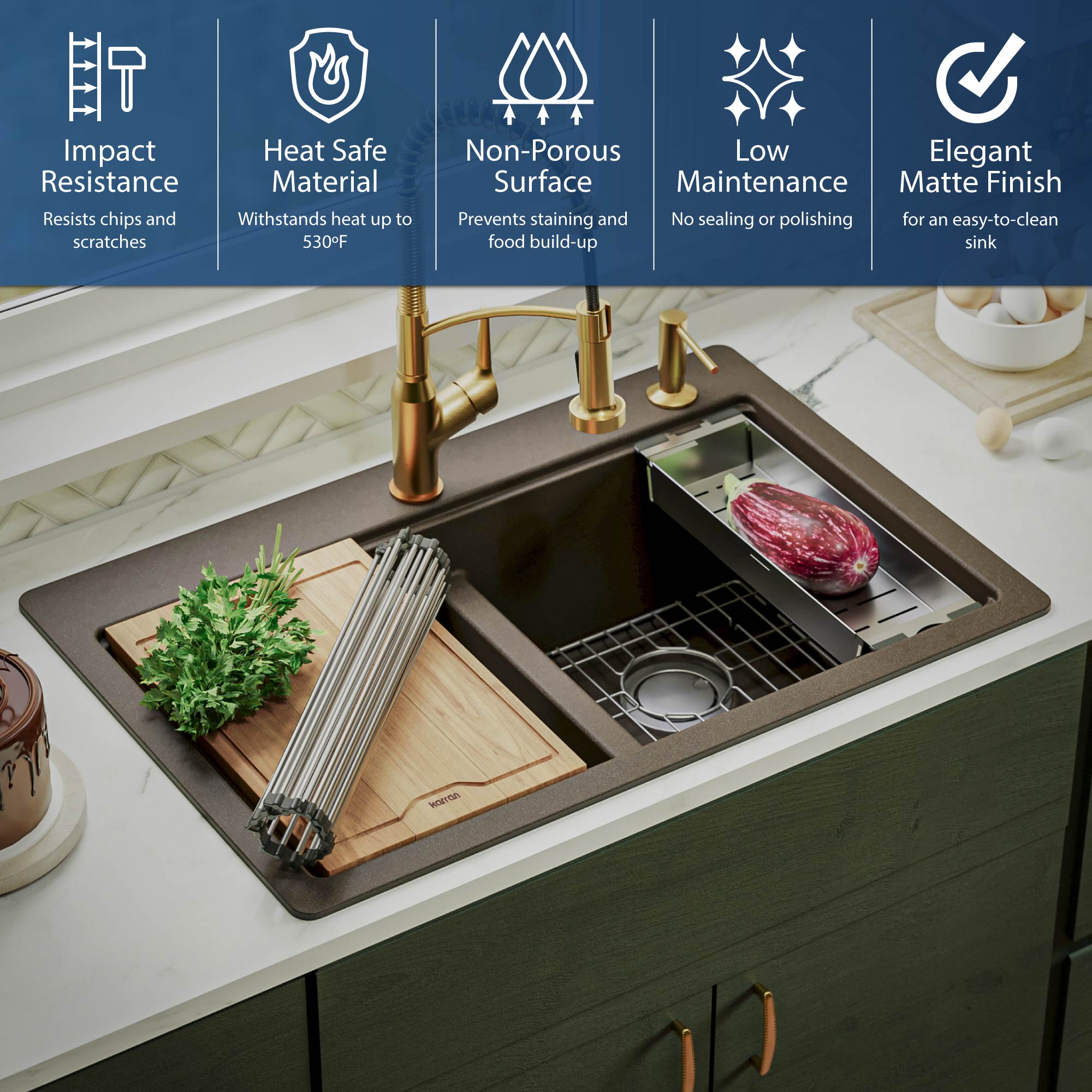 Alternate Image for Karran 33" Drop In/Topmount Quartz Composite Kitchen Sink, 50/50 Double Bowl, Brown, QTWS-880-BR