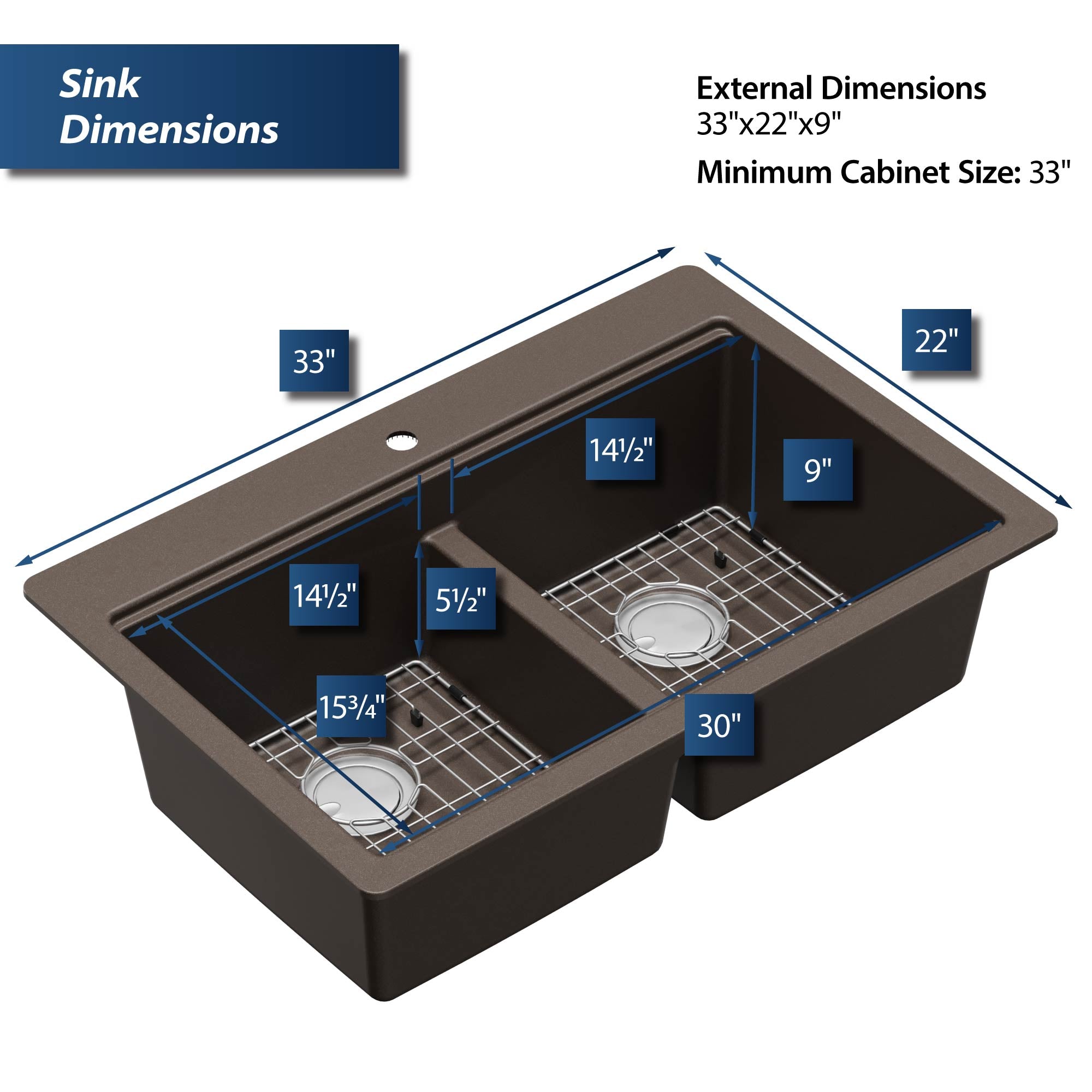 Alternate Image for Karran 33" Drop In/Topmount Quartz Composite Kitchen Sink, 50/50 Double Bowl, Brown, QTWS-880-BR