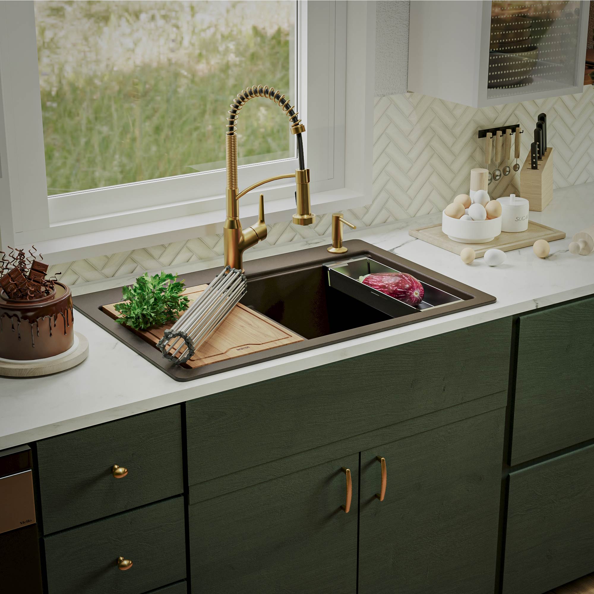 Karran 33" Drop In/Topmount Quartz Composite Kitchen Sink, 50/50 Double Bowl, Brown, QTWS-880-BR