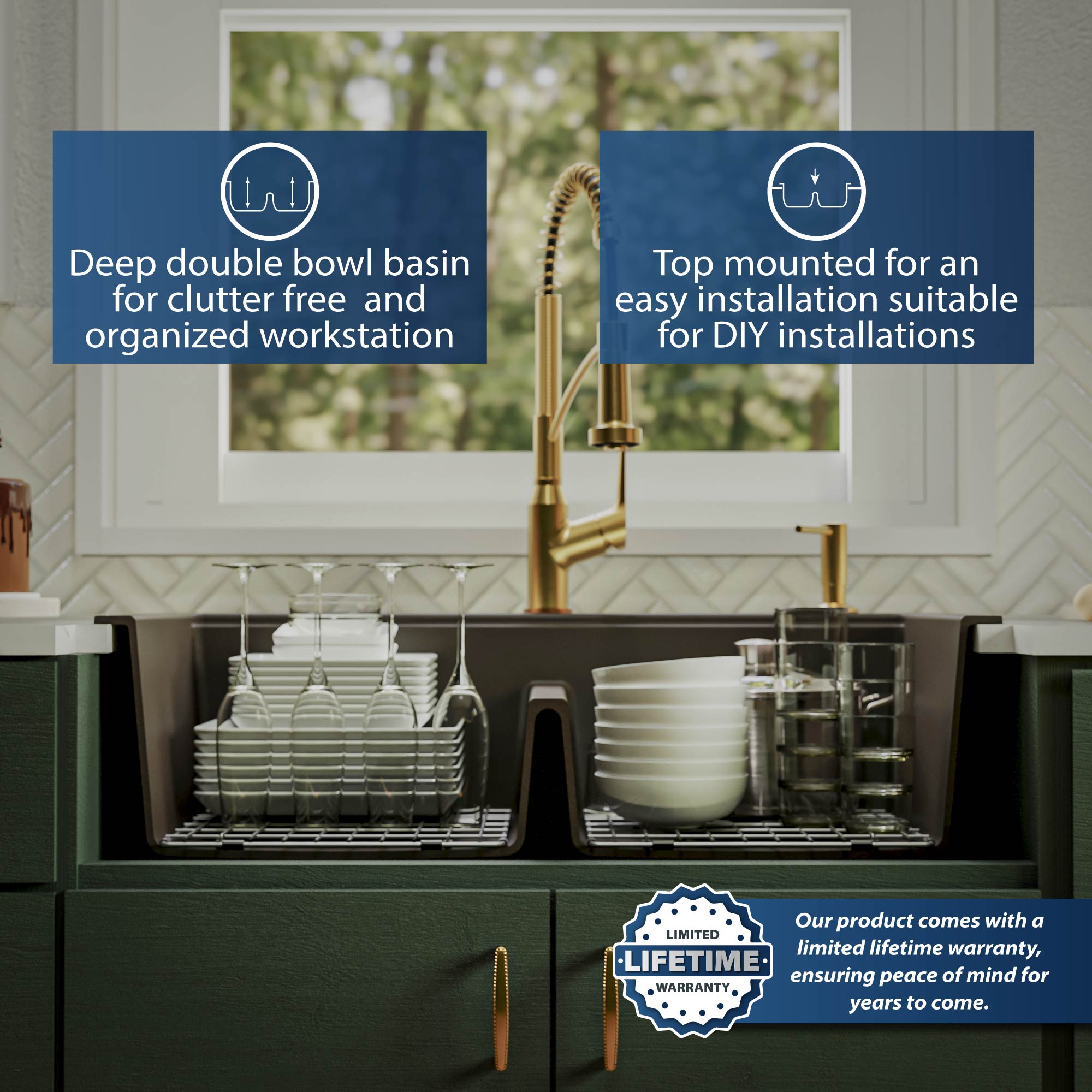 Alternate Image for Karran 33" Drop In/Topmount Quartz Composite Kitchen Sink, 50/50 Double Bowl, Brown, QTWS-880-BR