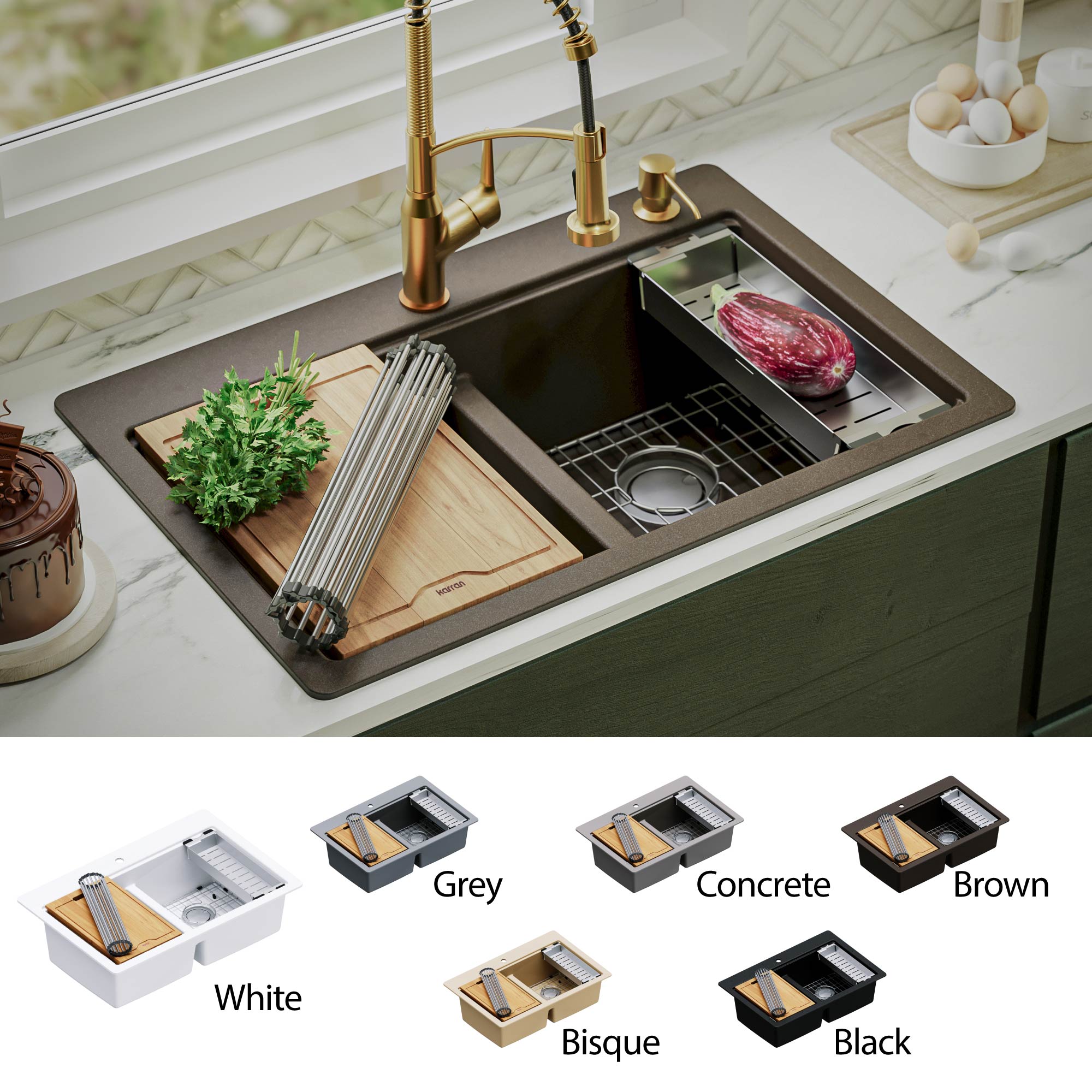 Alternate Image for Karran 33" Drop In/Topmount Quartz Composite Kitchen Sink, 50/50 Double Bowl, Brown, QTWS-880-BR