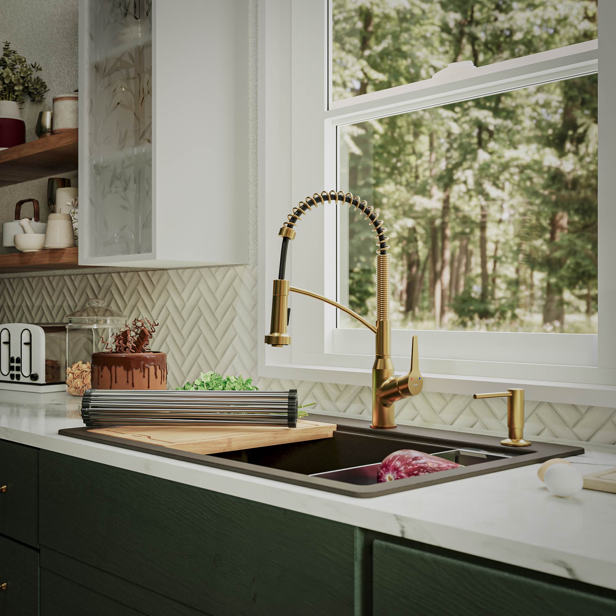 Alternate Image for Karran 33" Drop In/Topmount Quartz Composite Kitchen Sink, 50/50 Double Bowl, Brown, QTWS-880-BR