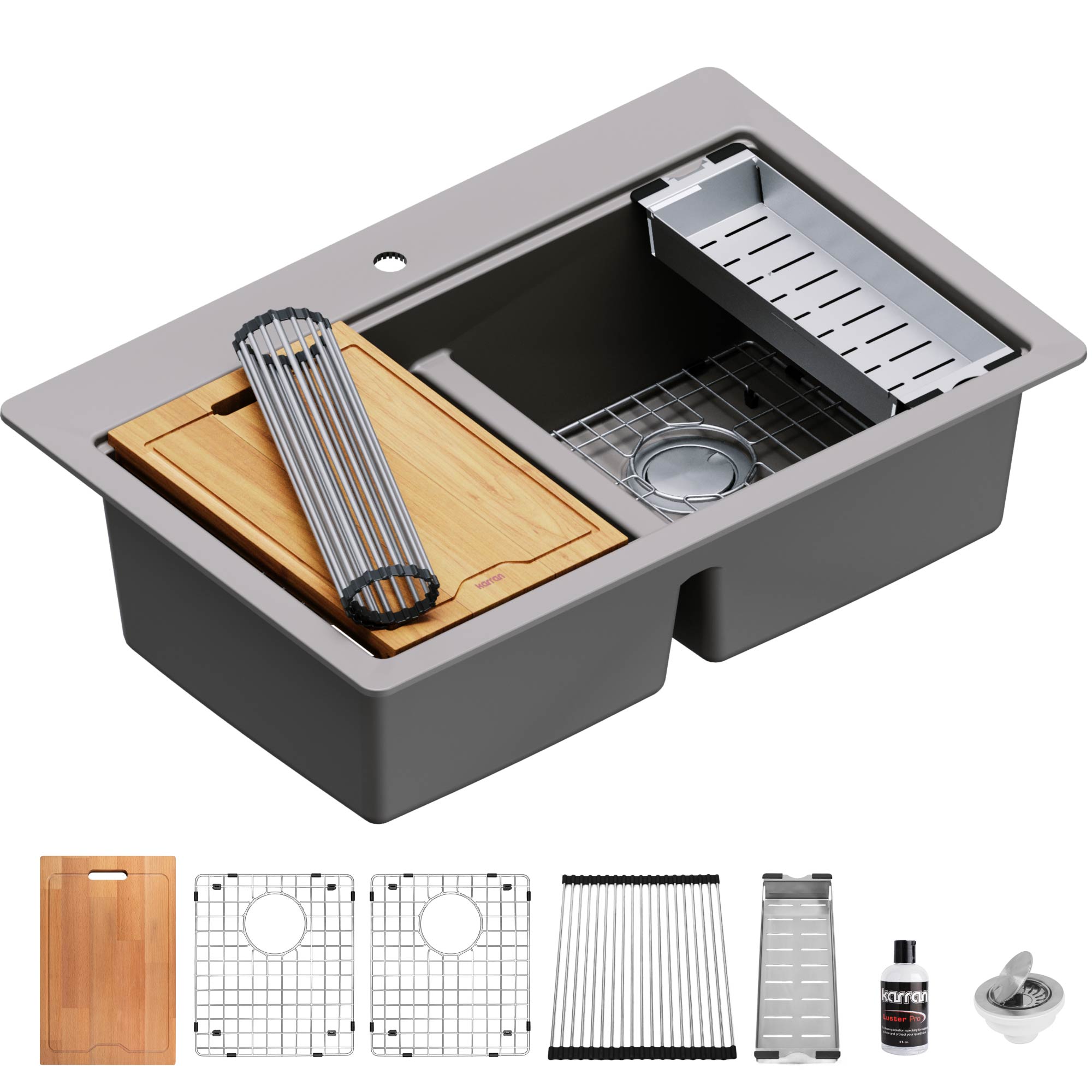 Karran 33" Drop In/Topmount Quartz Composite Kitchen Sink, 50/50 Double Bowl, Concrete, QTWS-880-CN