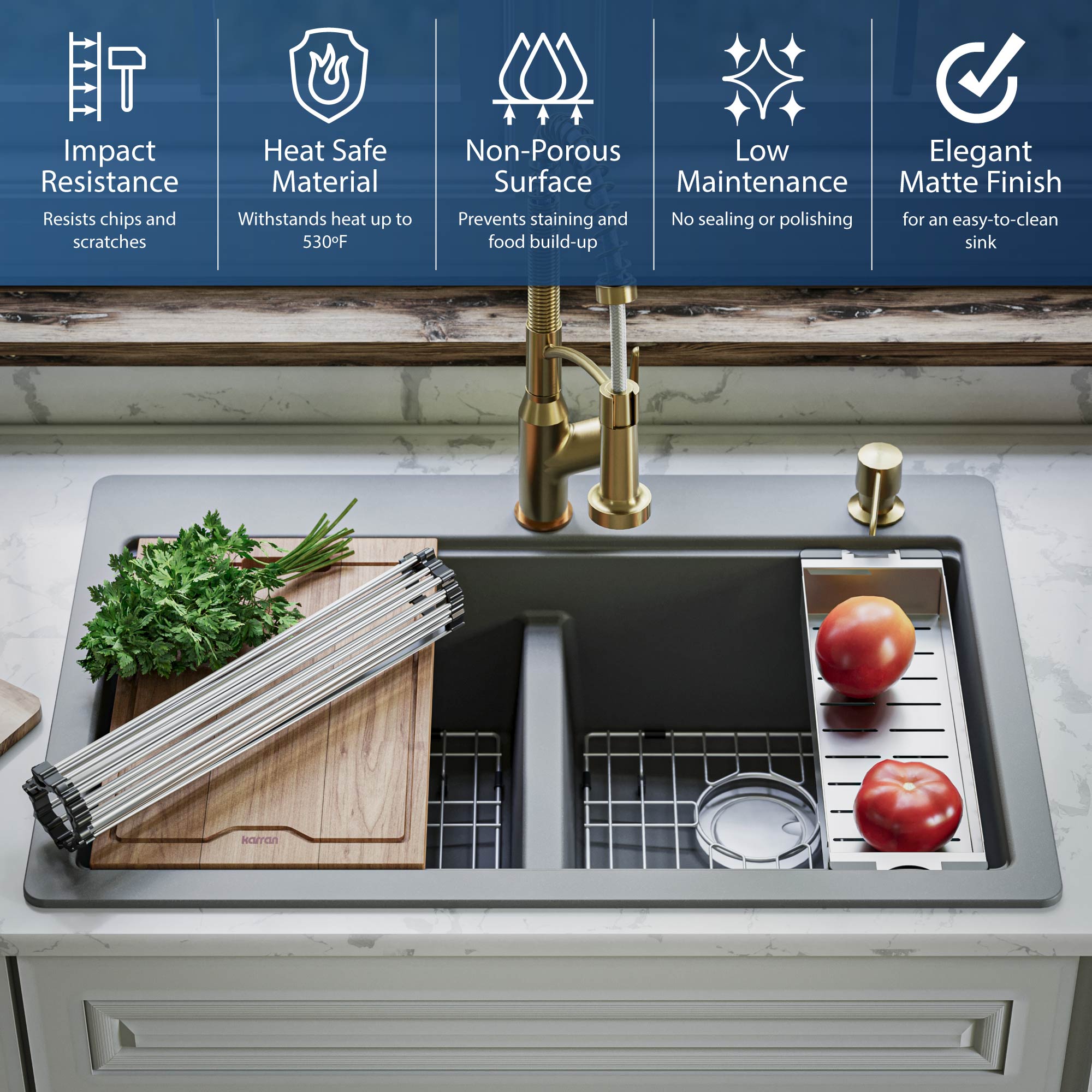 Alternate Image for Karran 33" Drop In/Topmount Quartz Composite Kitchen Sink, 50/50 Double Bowl, Grey, QTWS-880-GR