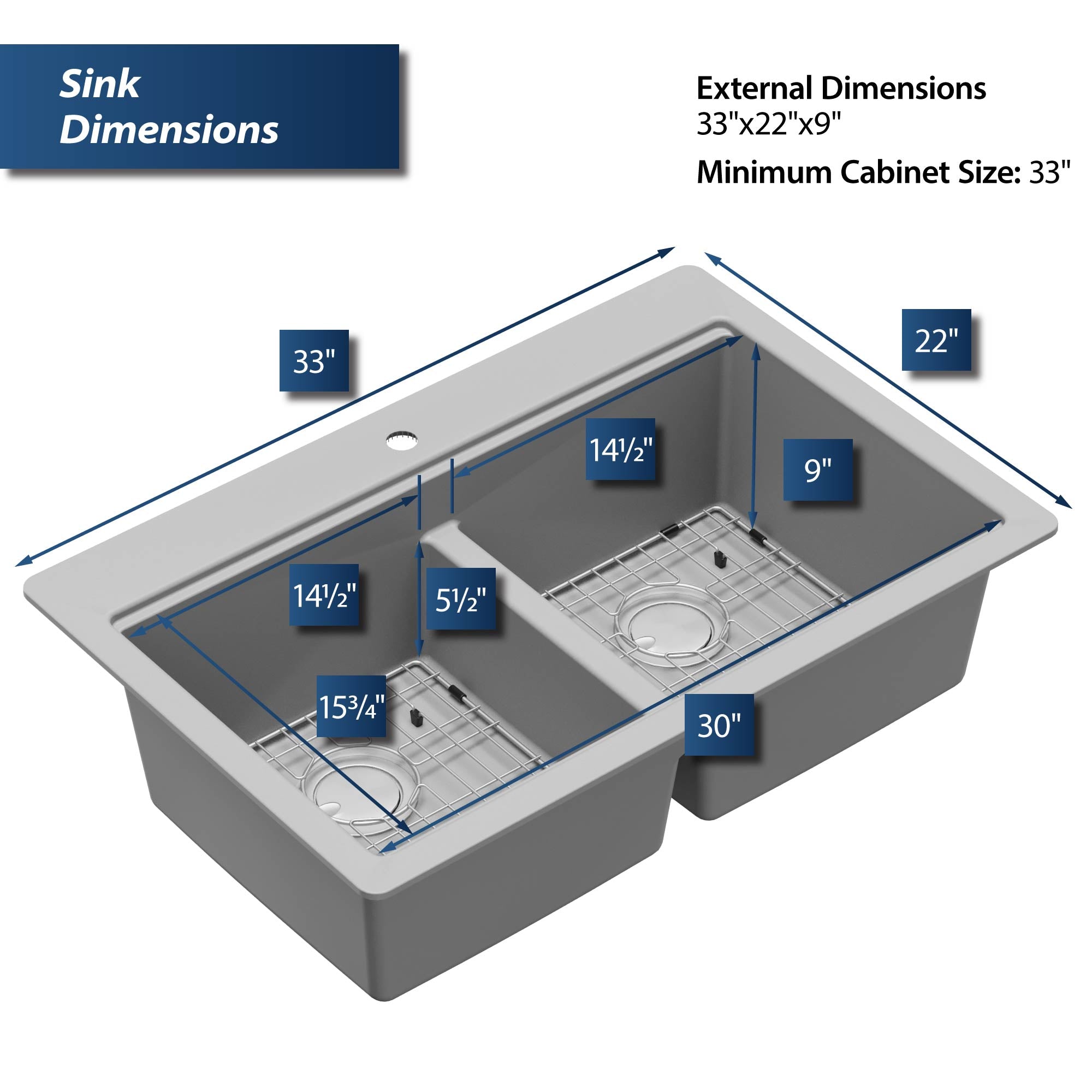 Alternate Image for Karran 33" Drop In/Topmount Quartz Composite Kitchen Sink, 50/50 Double Bowl, Grey, QTWS-880-GR