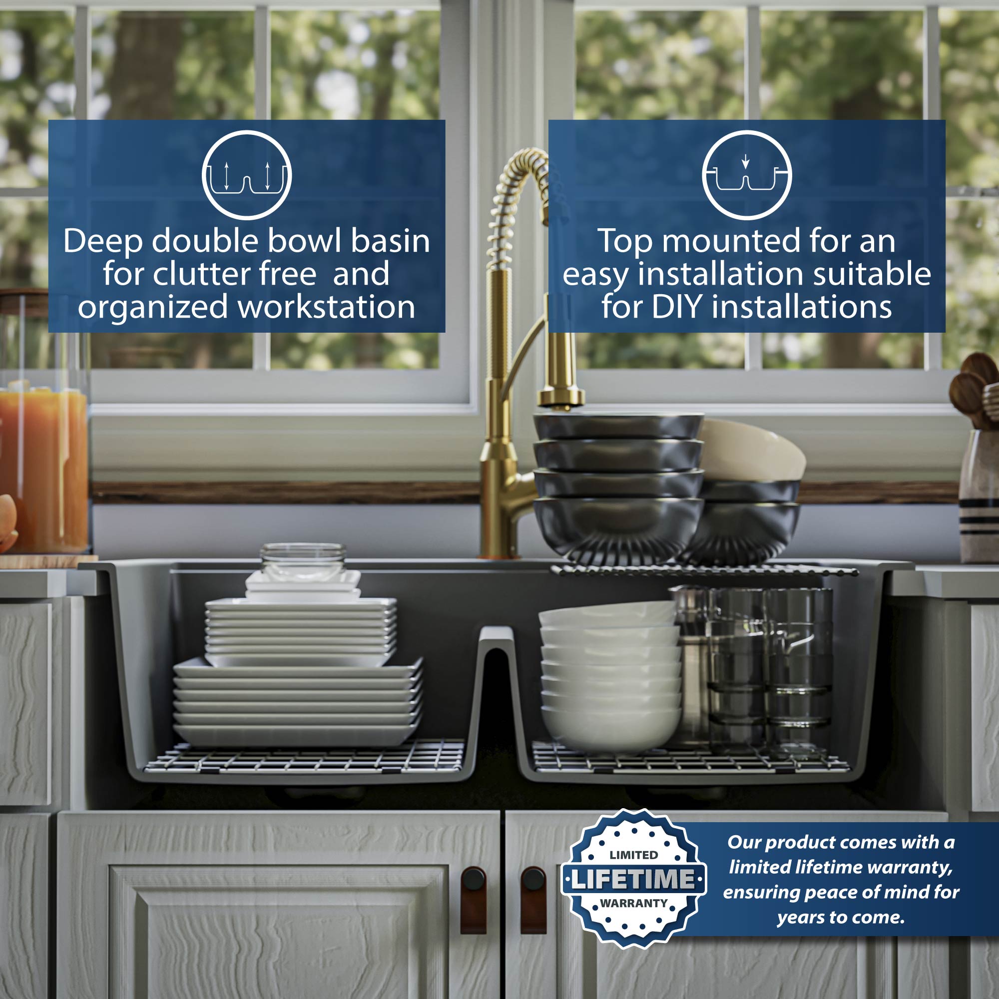 Alternate Image for Karran 33" Drop In/Topmount Quartz Composite Kitchen Sink, 50/50 Double Bowl, Grey, QTWS-880-GR