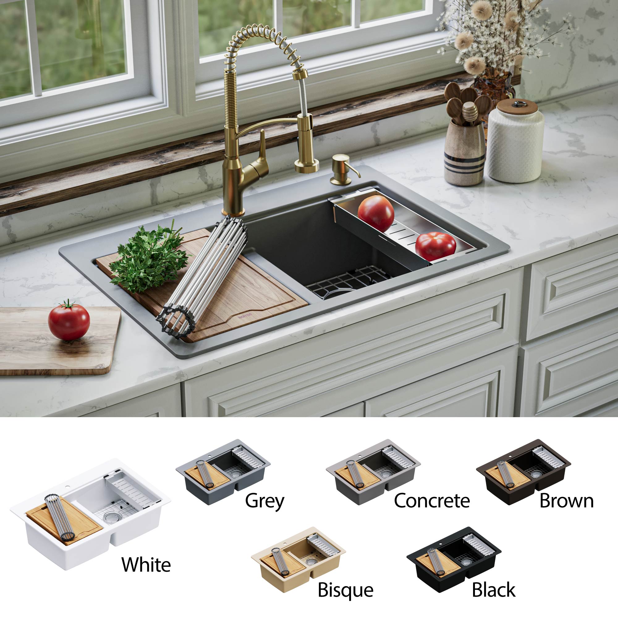 Alternate Image for Karran 33" Drop In/Topmount Quartz Composite Kitchen Sink, 50/50 Double Bowl, Grey, QTWS-880-GR