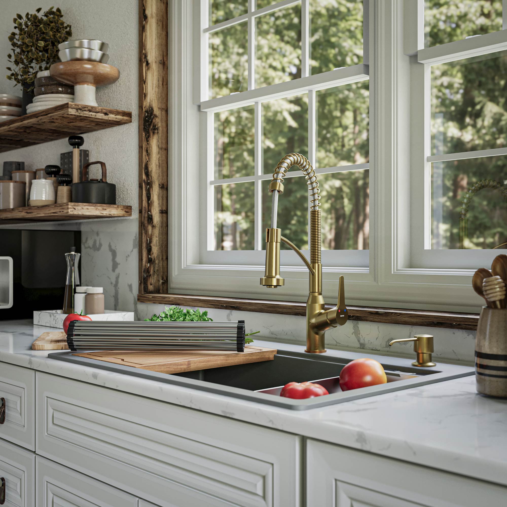 Alternate Image for Karran 33" Drop In/Topmount Quartz Composite Kitchen Sink, 50/50 Double Bowl, Grey, QTWS-880-GR