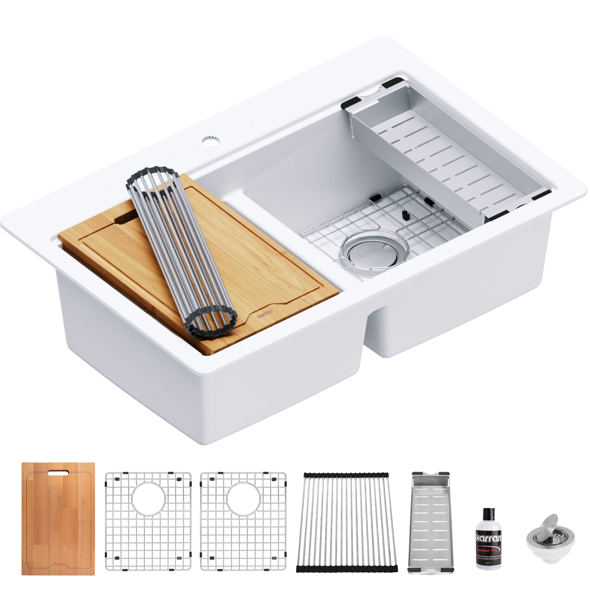 Karran 33" Drop In/Topmount Quartz Composite Kitchen Sink, 50/50 Double Bowl, White, QTWS-880-WH
