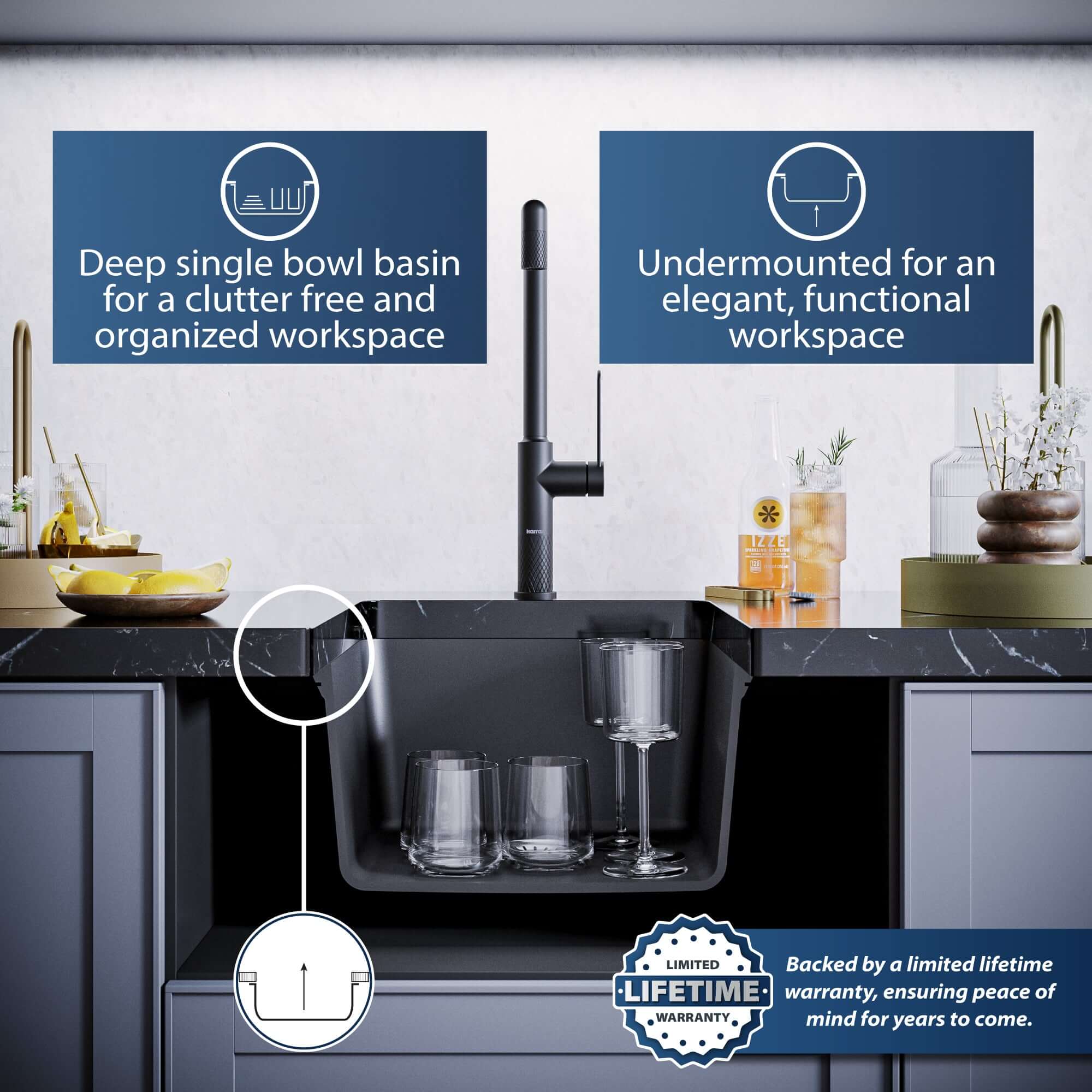 Alternate Image for Karran 17" Undermount Quartz Composite Kitchen Sink, Black, QU-690-BL
