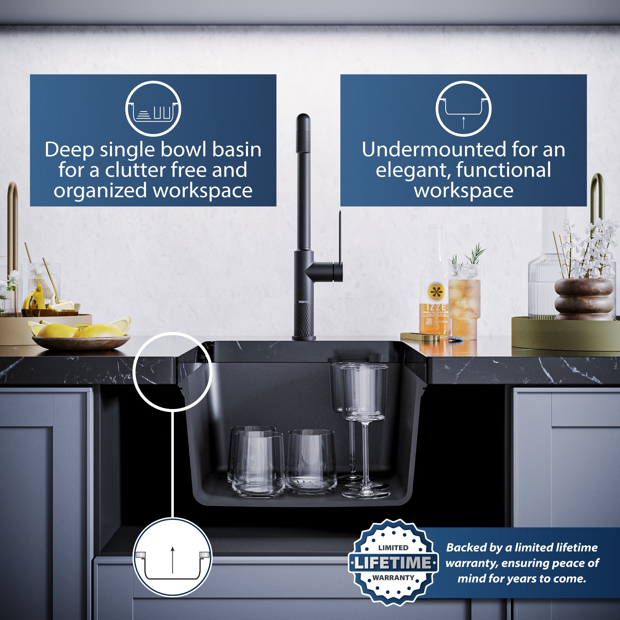 Alternate Image for Karran 17" Undermount Quartz Composite Kitchen Sink, Black, QU-690-BL