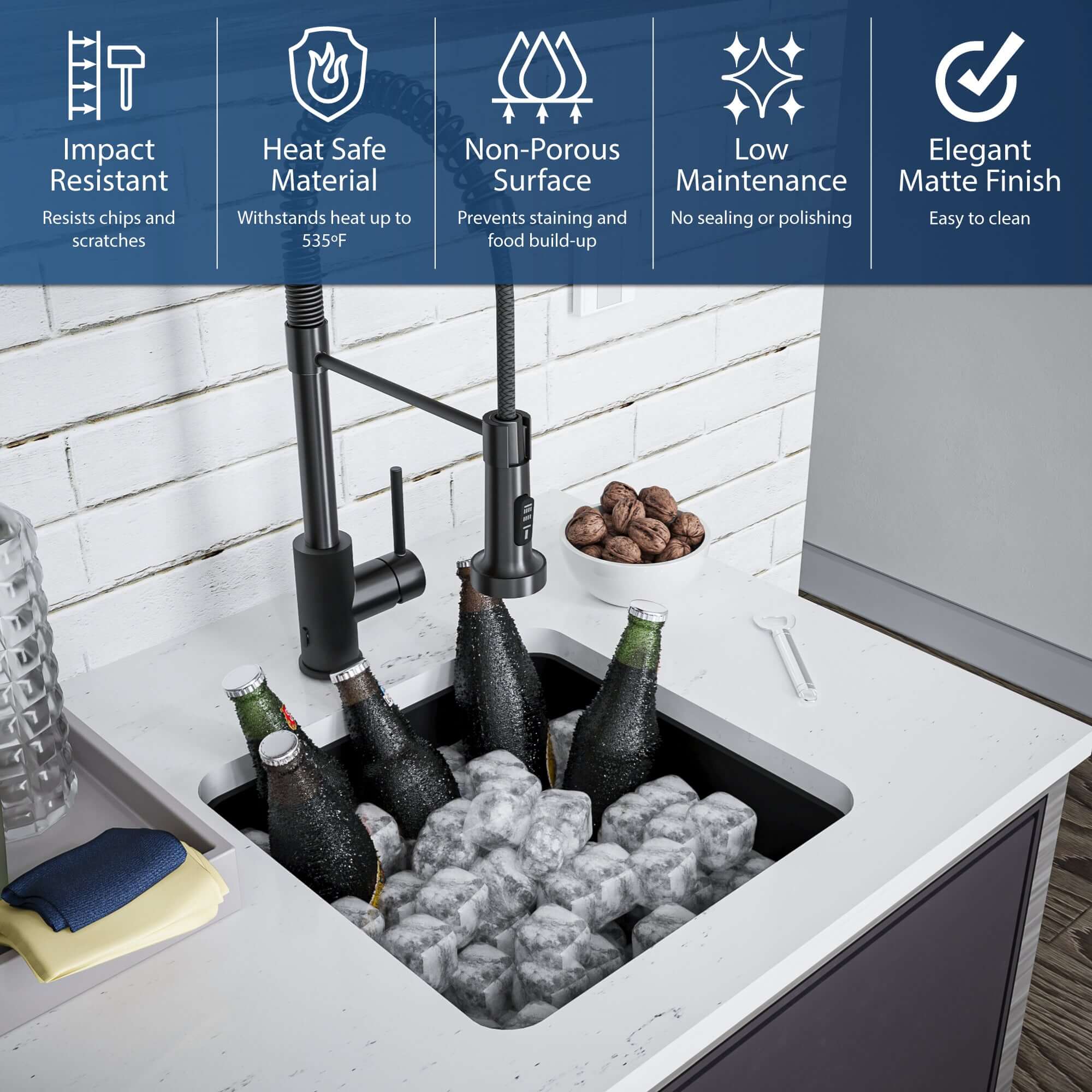 Alternate Image for Karran 17" Undermount Quartz Composite Kitchen Sink, Black, QU-690-BL