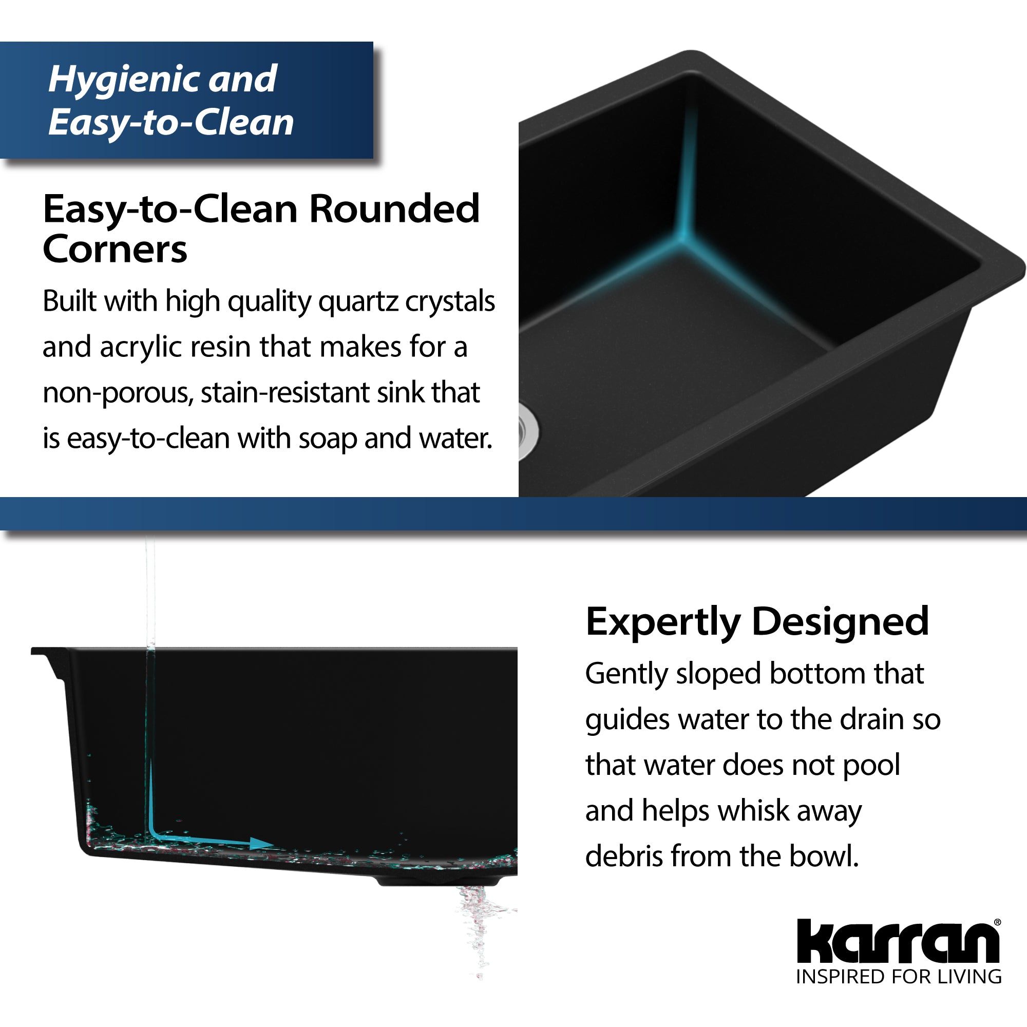 Alternate Image for Karran 17" Undermount Quartz Composite Kitchen Sink, Black, QU-690-BL