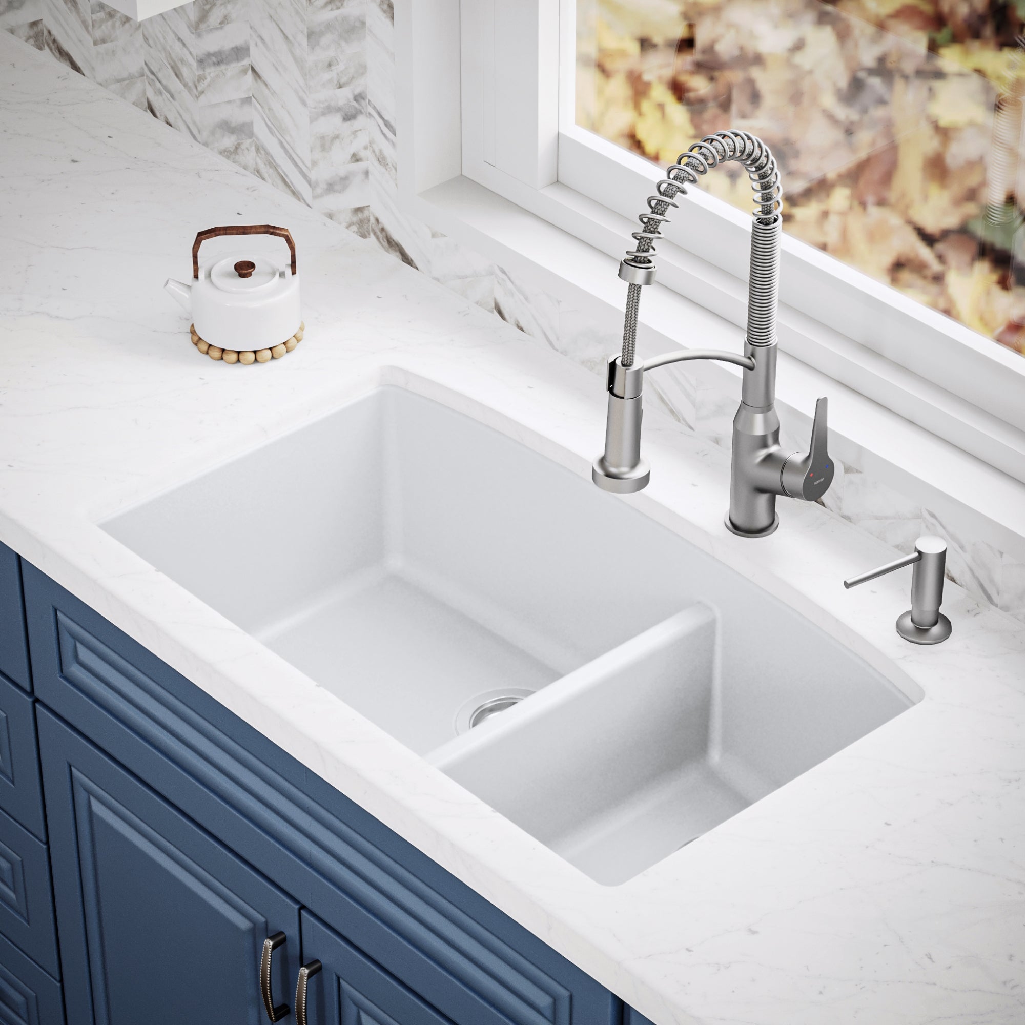 Alternate Image for Karran 33" Undermount Quartz Composite Kitchen Sink, 60/40 Double Bowl, White, QU-711-WH