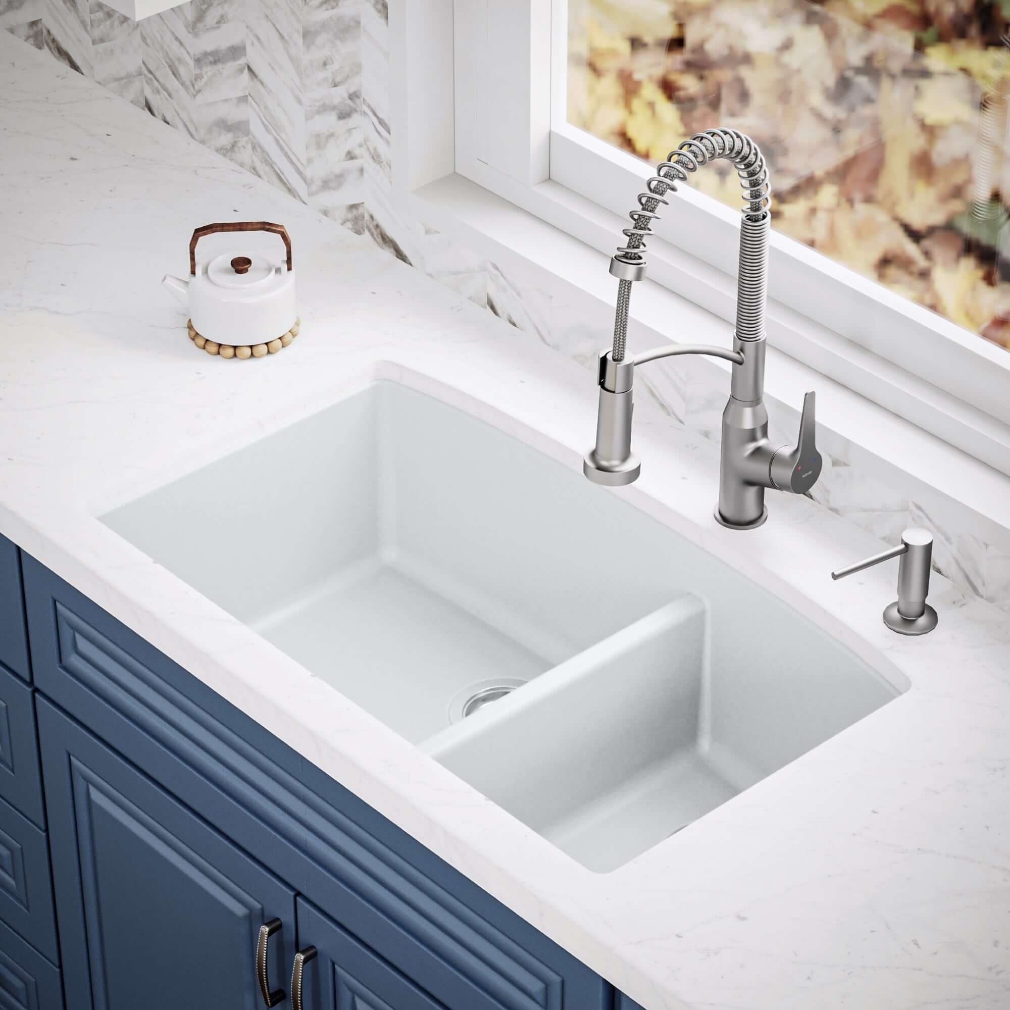 Alternate Image for Karran 33" Undermount Quartz Composite Kitchen Sink, 60/40 Double Bowl, White, QU-711-WH