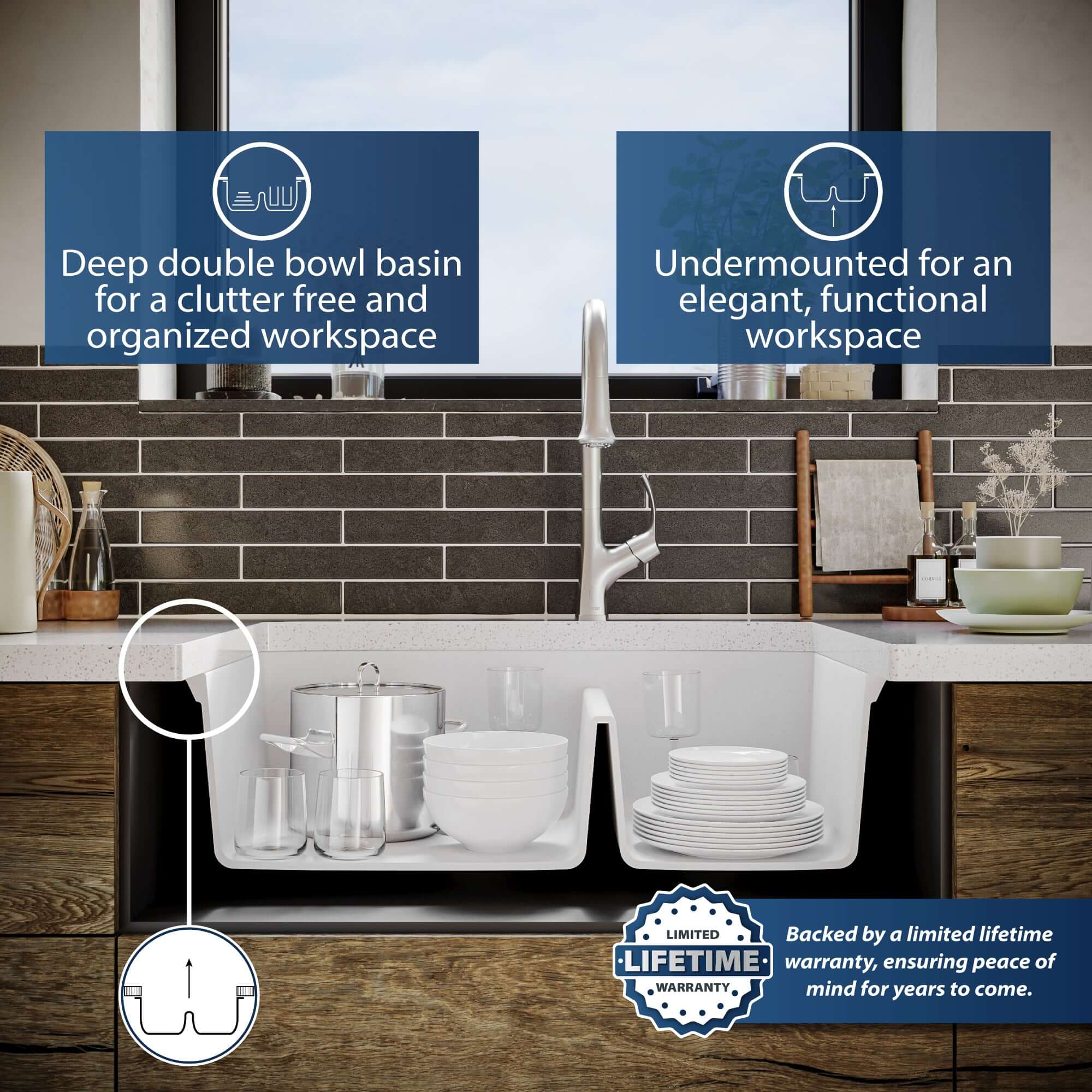 Alternate Image for Karran 33" Undermount Quartz Composite Kitchen Sink, 60/40 Double Bowl, White, QU-711-WH