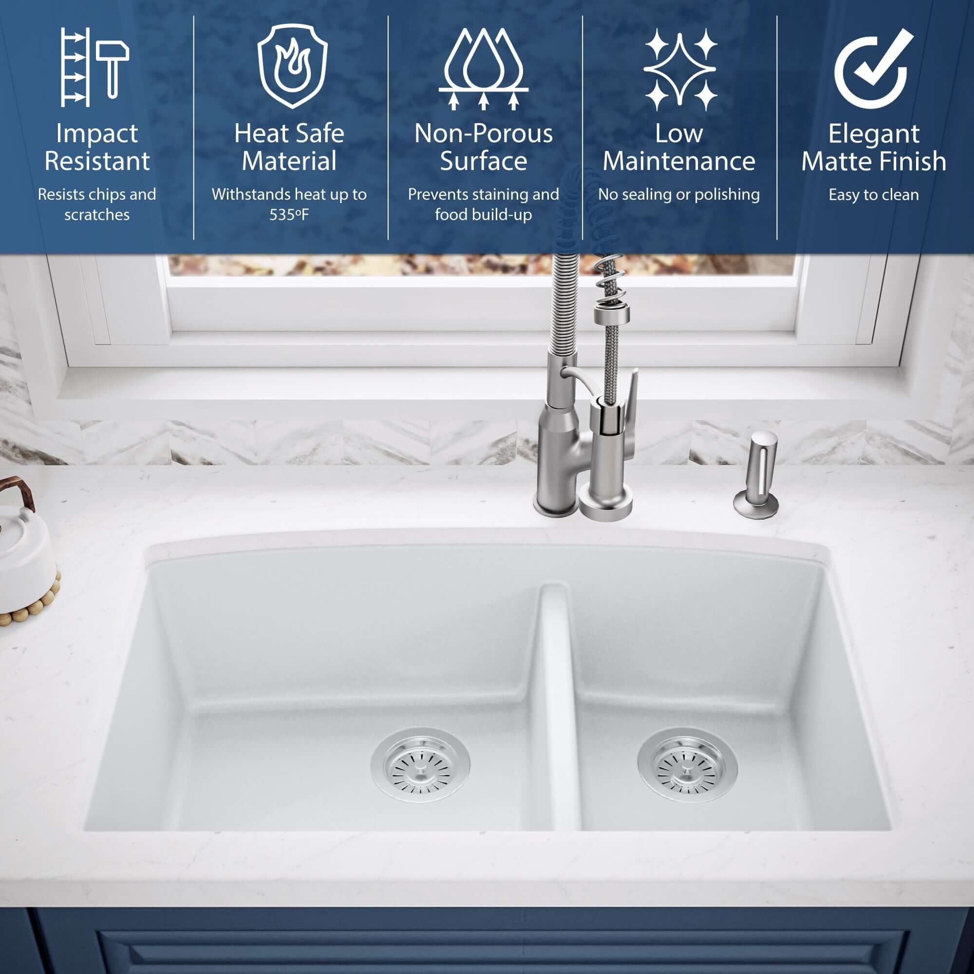 Alternate Image for Karran 33" Undermount Quartz Composite Kitchen Sink, 60/40 Double Bowl, White, QU-711-WH