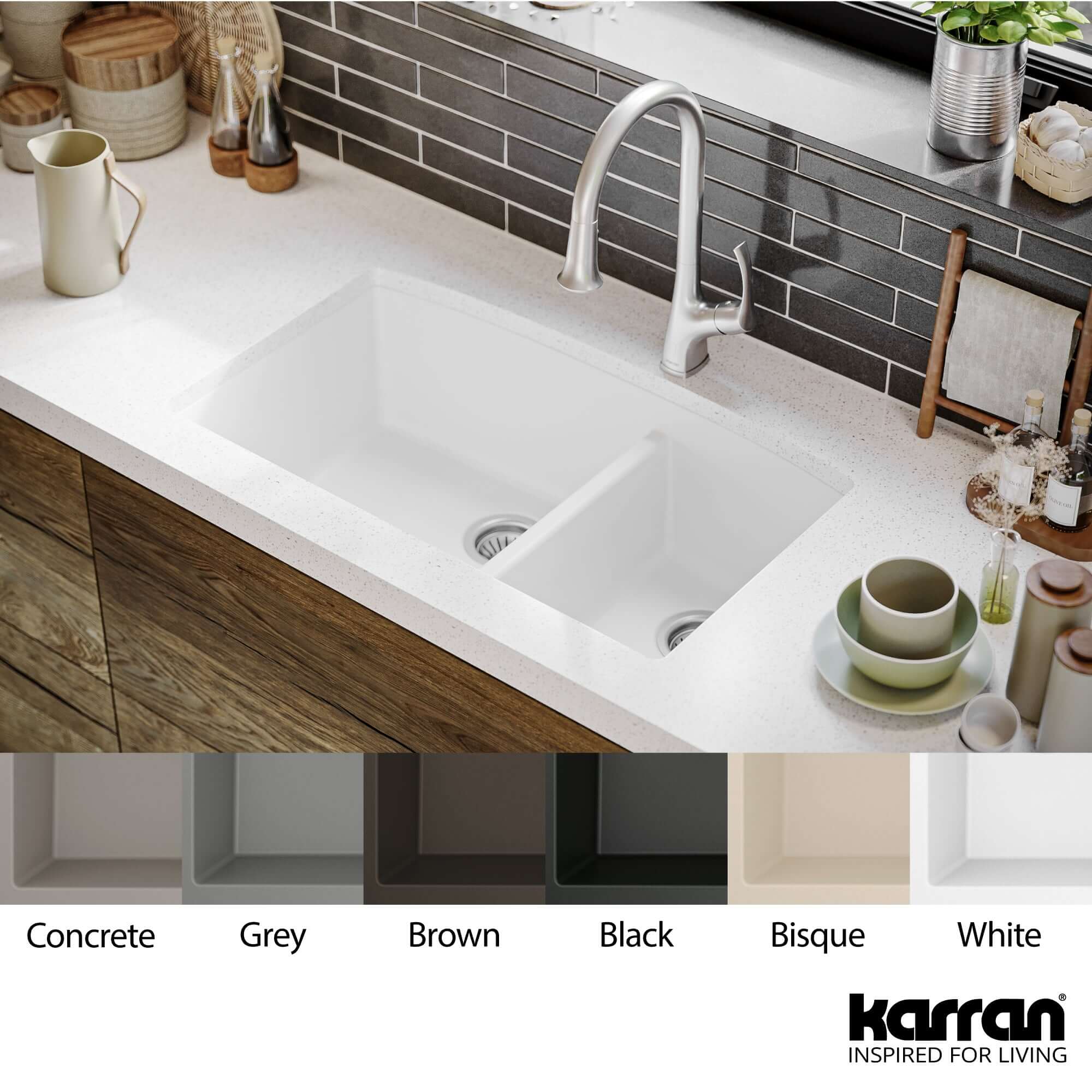 Alternate Image for Karran 33" Undermount Quartz Composite Kitchen Sink, 60/40 Double Bowl, White, QU-711-WH
