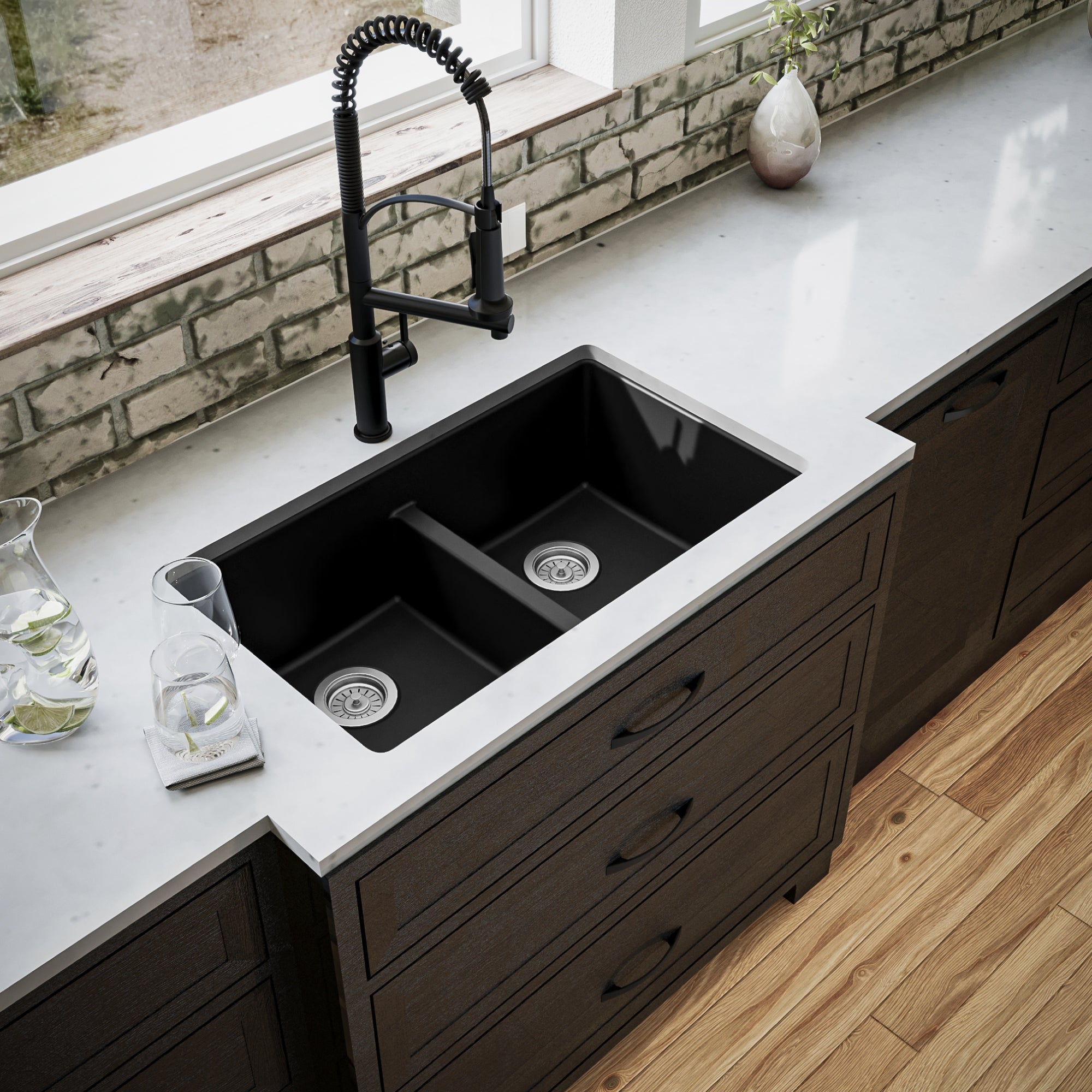 Karran 32" Undermount Quartz Composite Kitchen Sink, 50/50 Double Bowl, Black, QU-810-BL