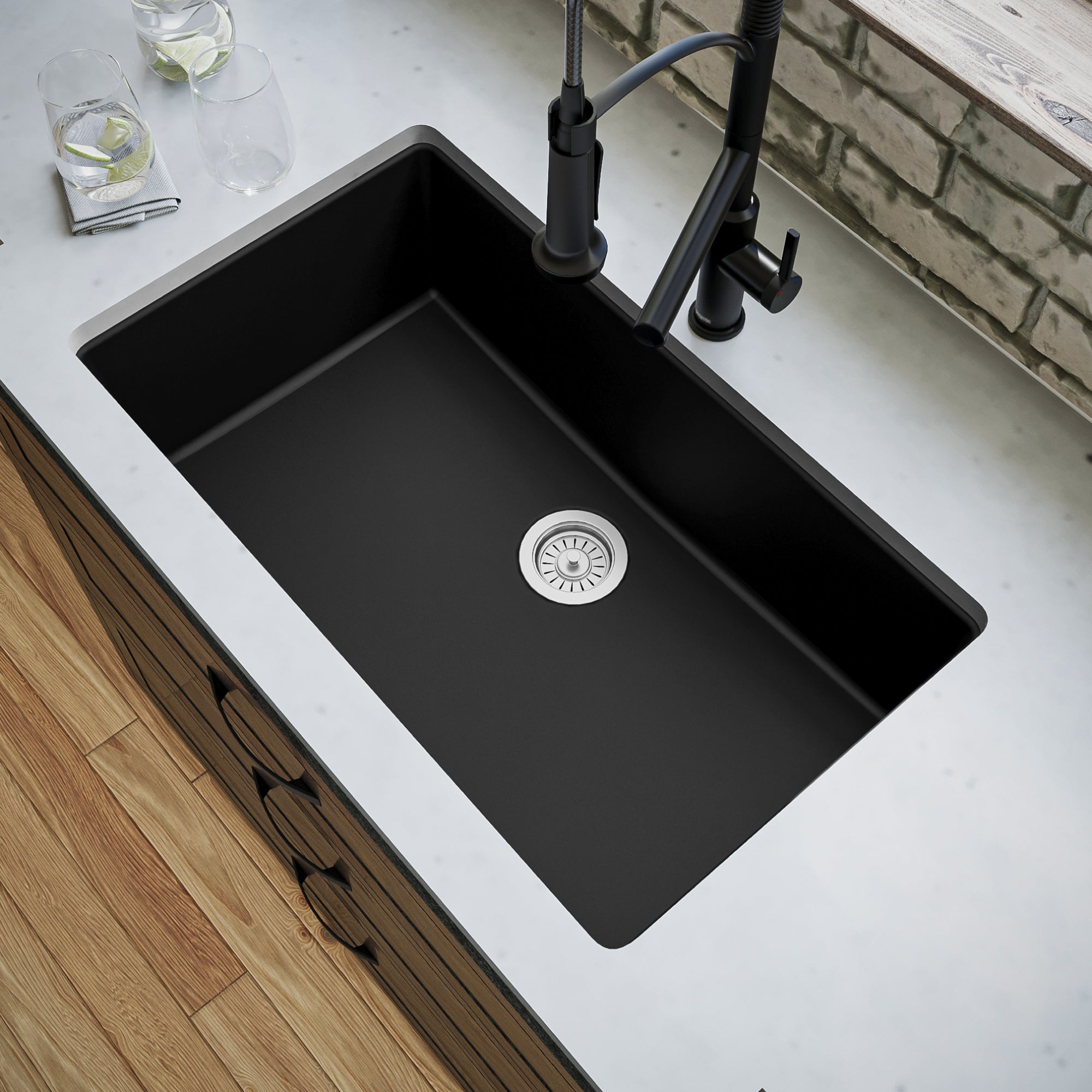 Karran 32" Undermount Quartz Composite Kitchen Sink, Black, QU-812-BL
