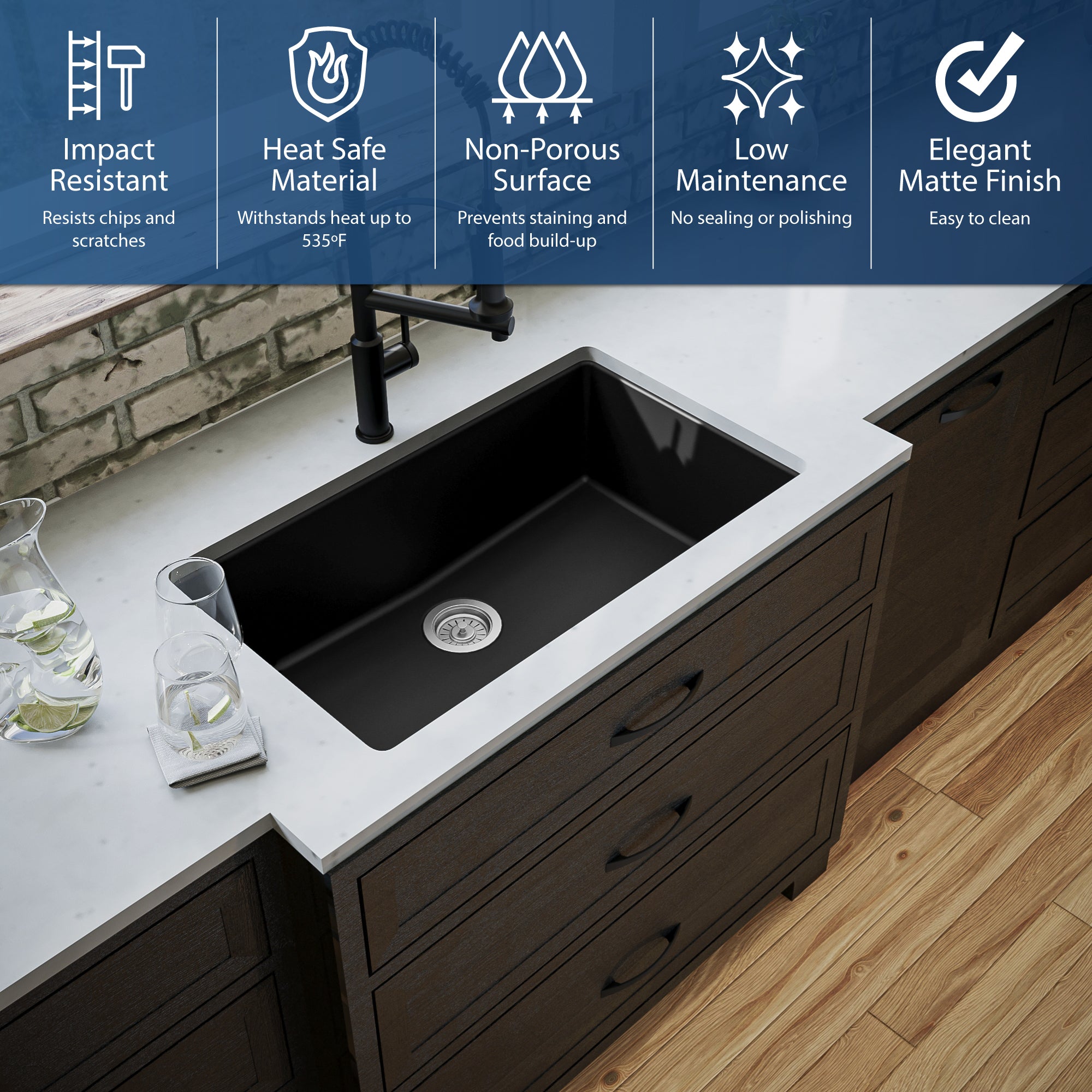 Alternate Image for Karran 32" Undermount Quartz Composite Kitchen Sink, Black, QU-812-BL