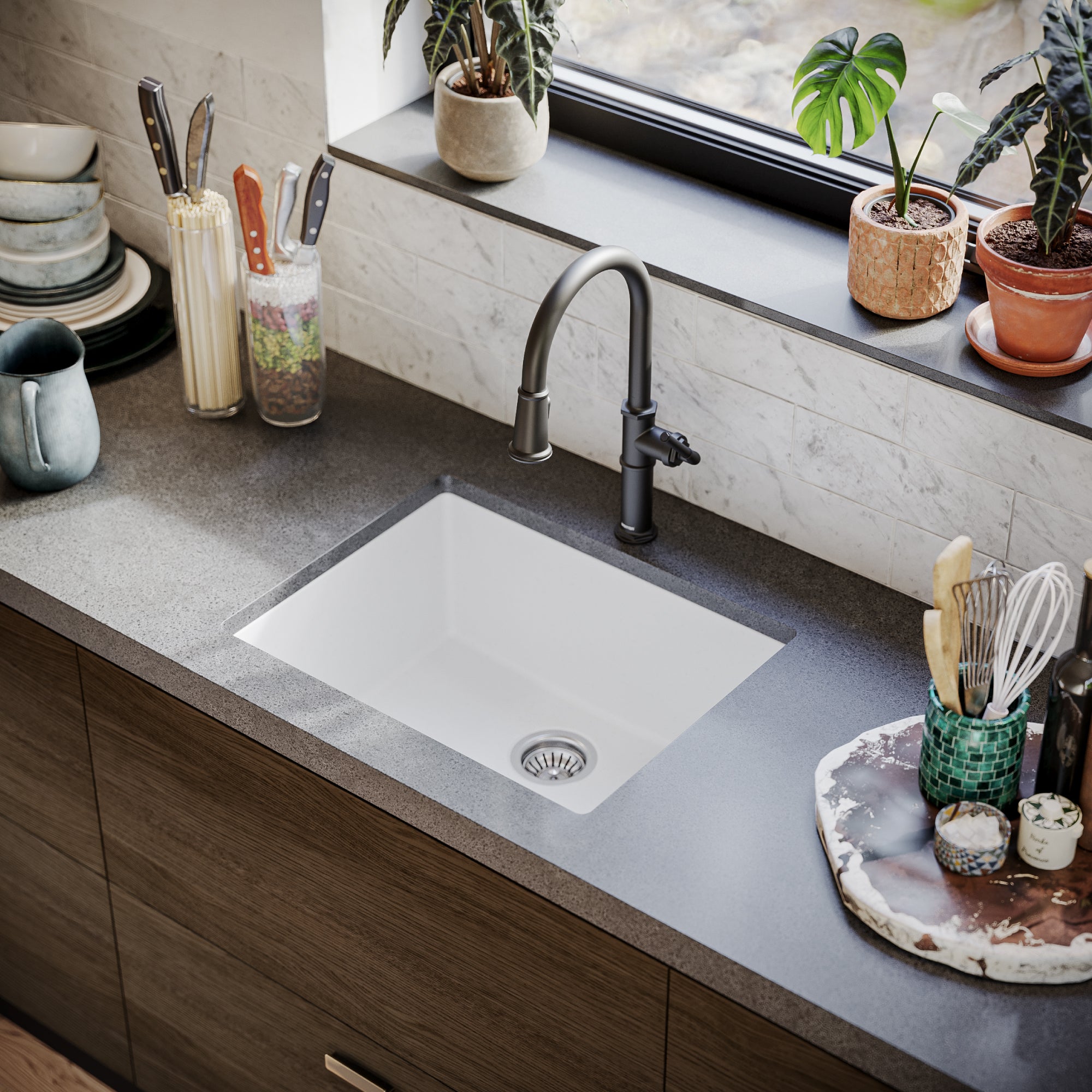 Alternate Image for Karran 24" Undermount Quartz Composite Kitchen Sink, White, QU-820-WH