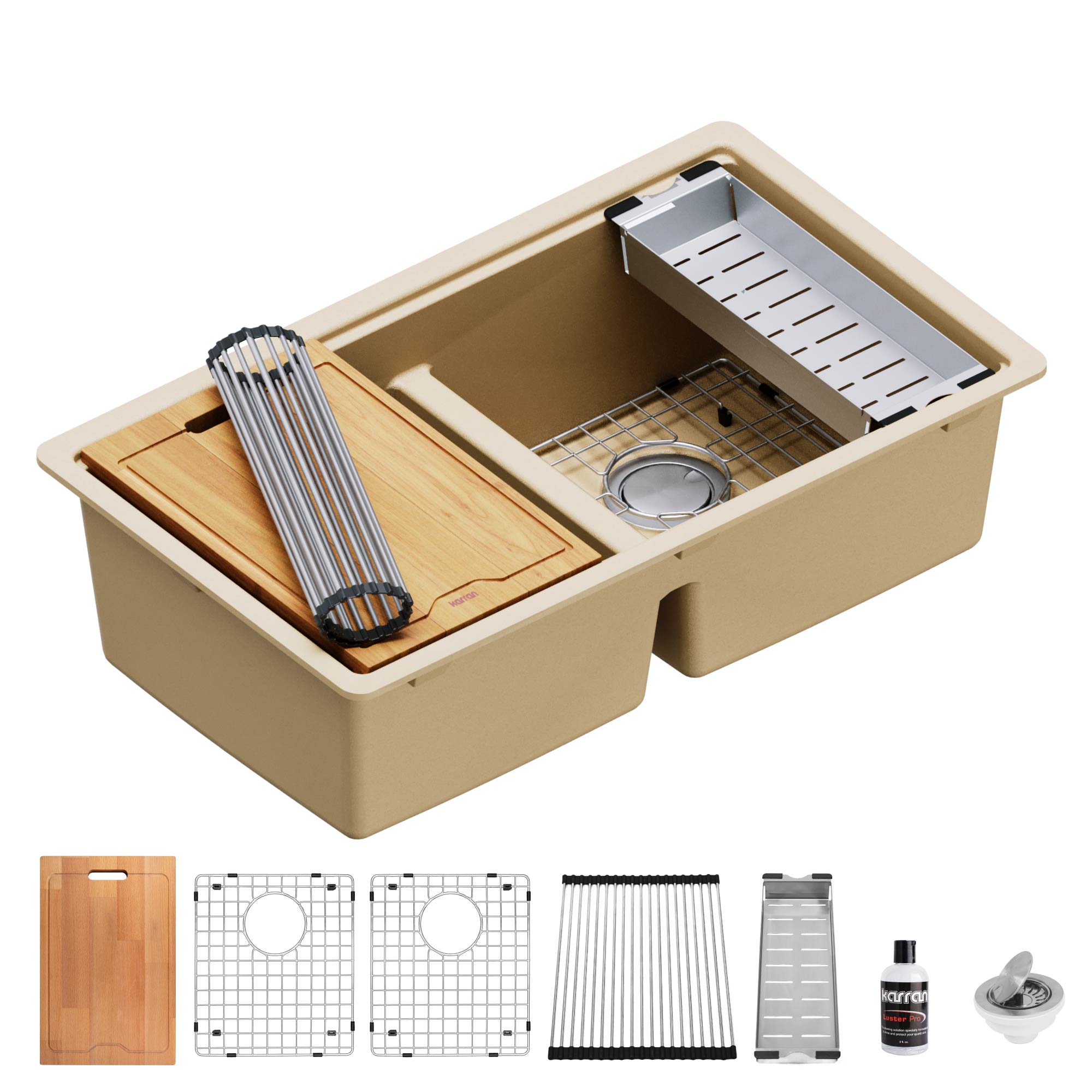Karran 33" Undermount Quartz Composite Kitchen Sink, 50/50 Double Bowl, Bisque, QUWS-880-BI