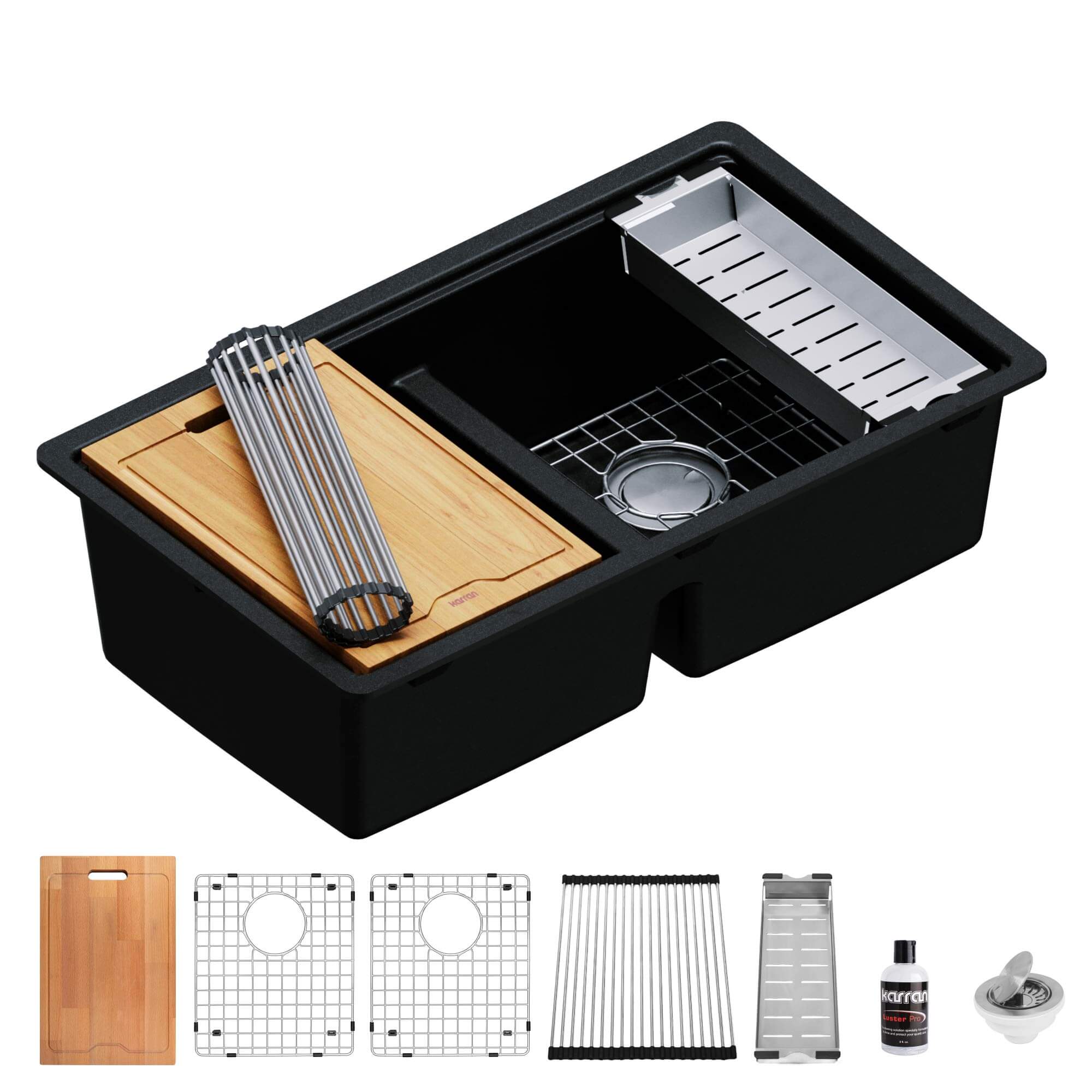 Alternate Image for Karran 33" Undermount Quartz Composite Kitchen Sink, 50/50 Double Bowl, Black, QUWS-880-BL