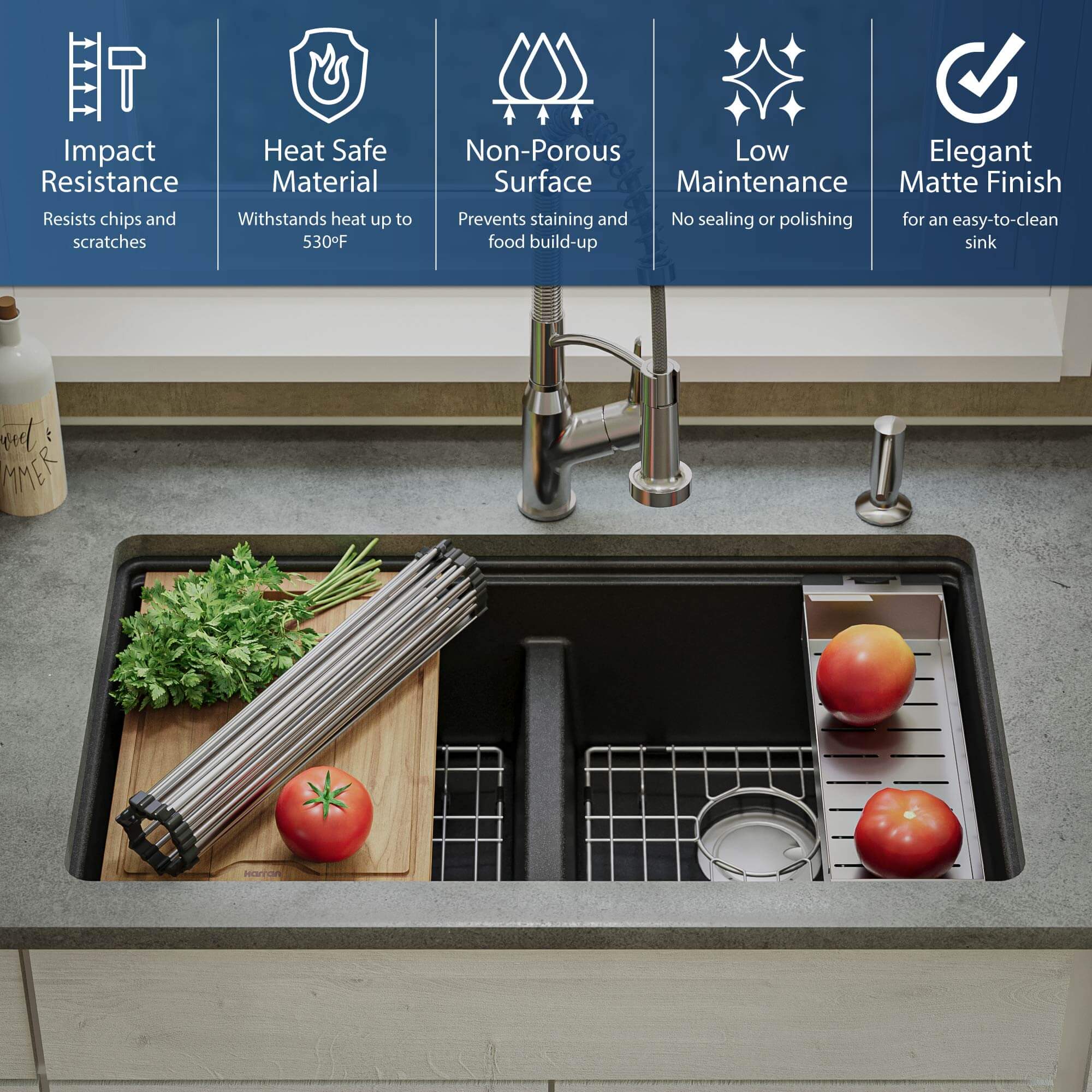 Alternate Image for Karran 33" Undermount Quartz Composite Kitchen Sink, 50/50 Double Bowl, Black, QUWS-880-BL