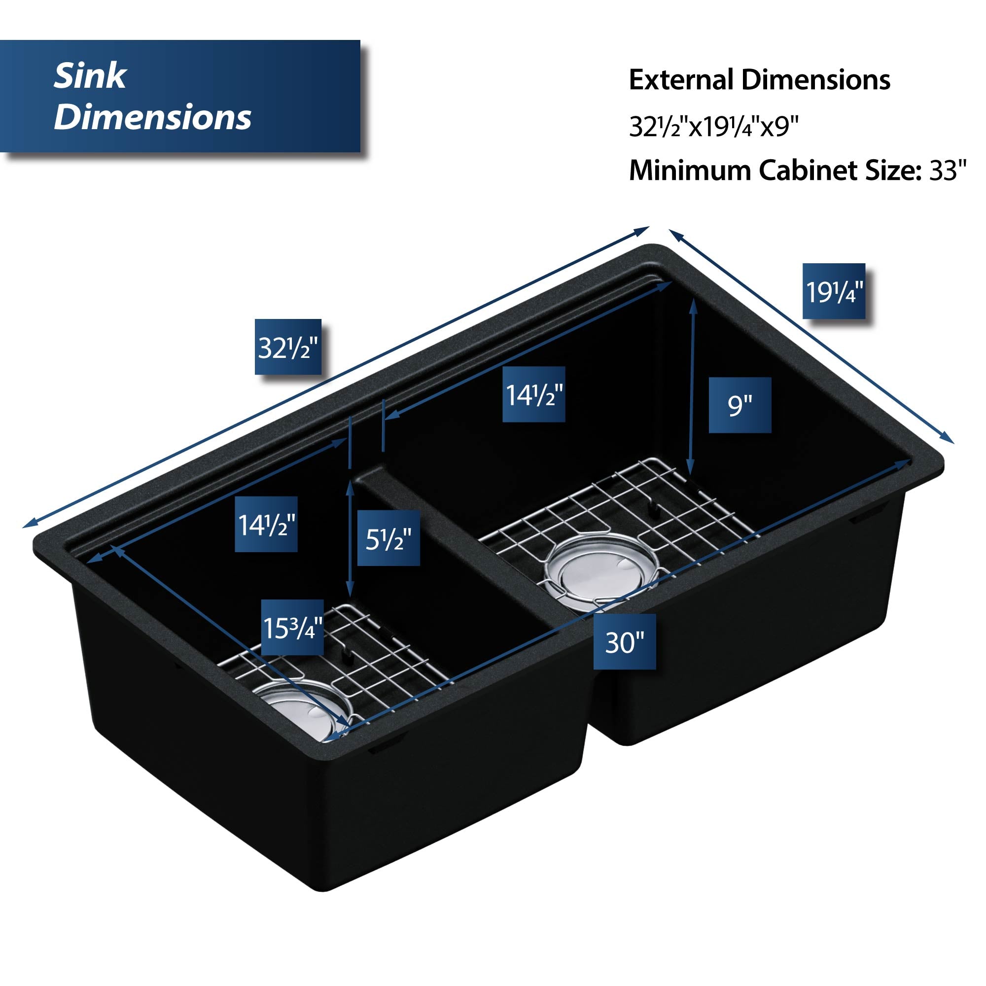 Alternate Image for Karran 33" Undermount Quartz Composite Kitchen Sink, 50/50 Double Bowl, Black, QUWS-880-BL