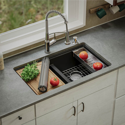 Karran 33" Undermount Quartz Composite Kitchen Sink, 50/50 Double Bowl, Black, QUWS-880-BL