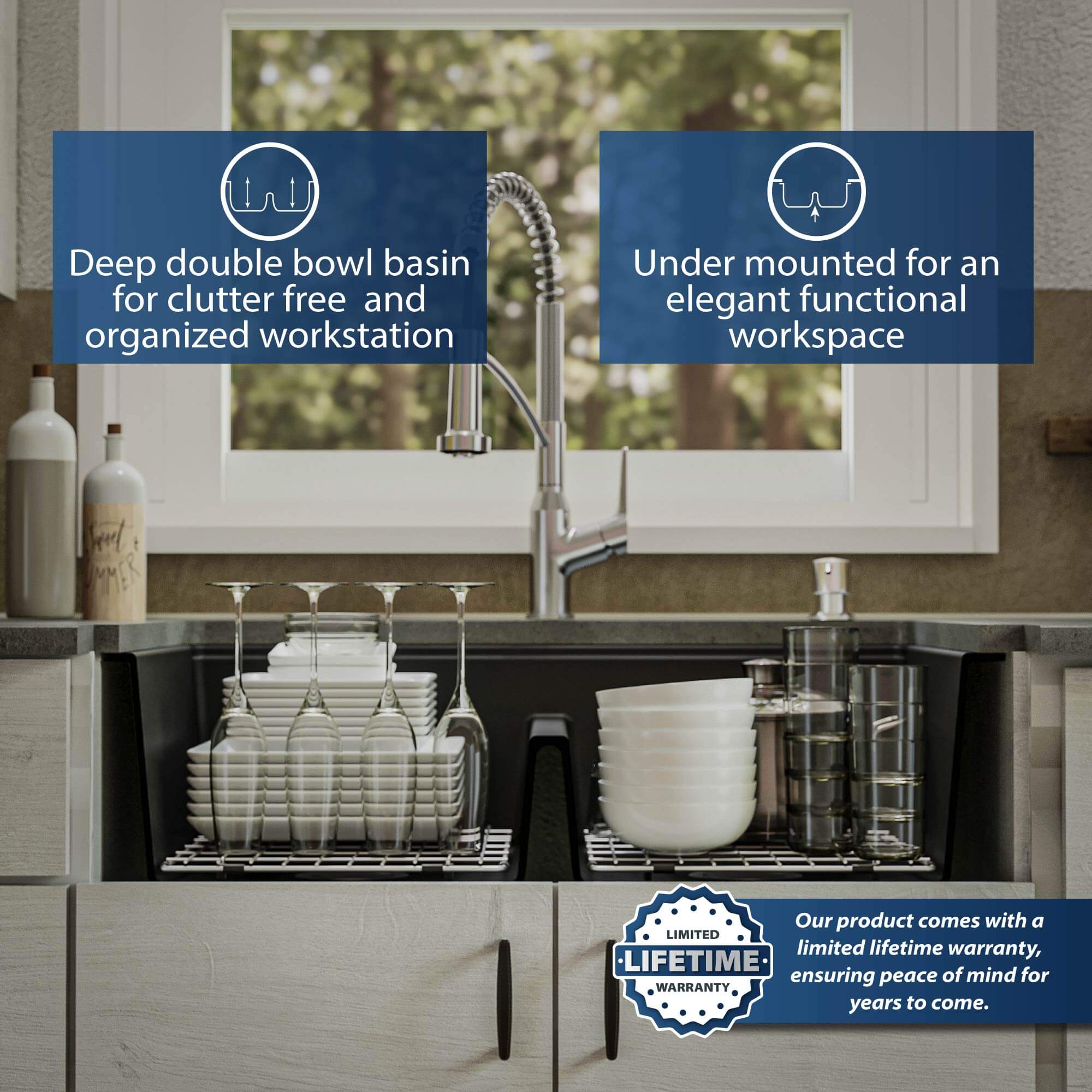 Alternate Image for Karran 33" Undermount Quartz Composite Kitchen Sink, 50/50 Double Bowl, Black, QUWS-880-BL
