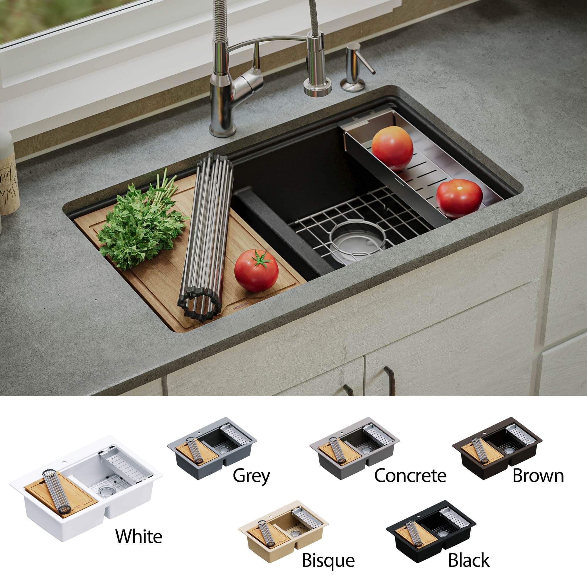Alternate Image for Karran 33" Undermount Quartz Composite Kitchen Sink, 50/50 Double Bowl, Black, QUWS-880-BL