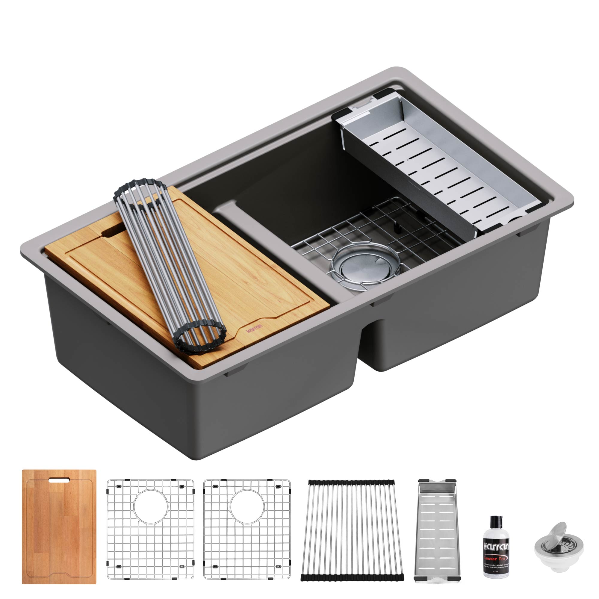 Karran 33" Undermount Quartz Composite Kitchen Sink, 50/50 Double Bowl, Concrete, QUWS-880-CN